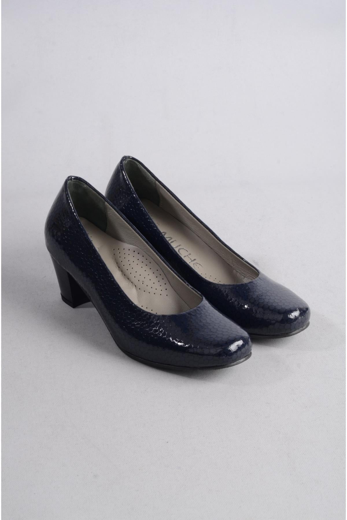 SEÇ 5116 HAKİKİ DERİ COMFORT TOPUKLU KADIN AYAKKABI LACİVERT BASKILI DERİ