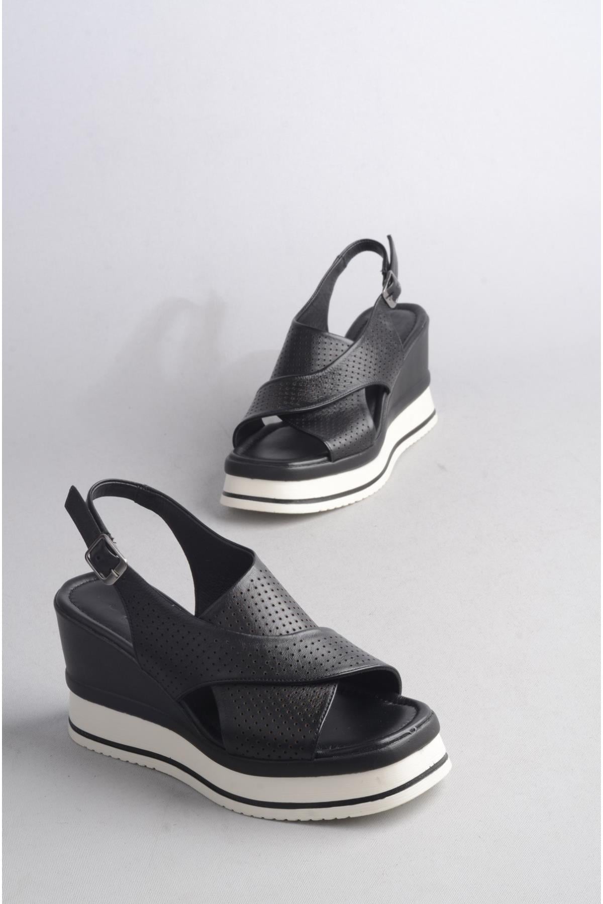 SEÇ 721 HAKİKİ DERİ DOLGU TOPUK SANDALET (Topuk Boyu: 8,5 cm, Platform: 3,5 cm) SİYAH