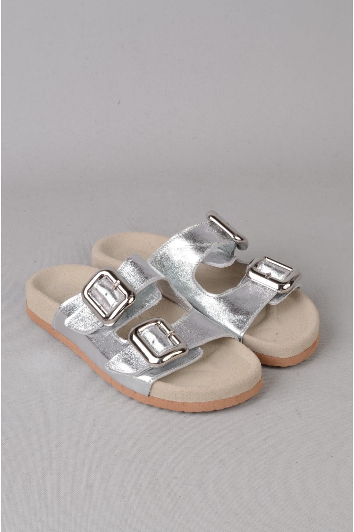 SEÇ 7543 HAKİKİ DERİ KADIN TERLİK (Topuk Boyu:2 cm) GÜMÜŞ