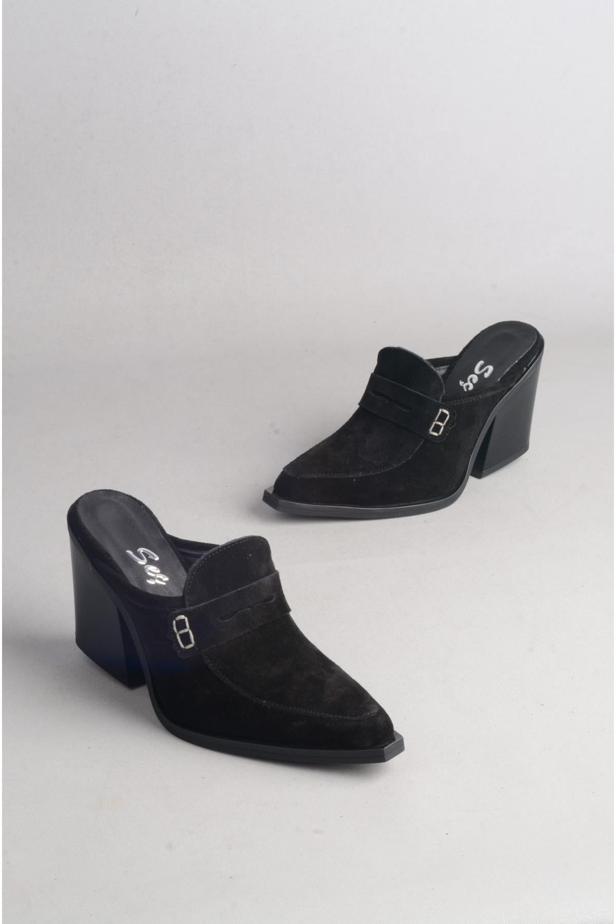 SEÇ 8039 HAKİKİ DERİ TOPUKLU WESTERN TERLİK (Topuk Boyu: 9 cm ) SİYAH SÜET