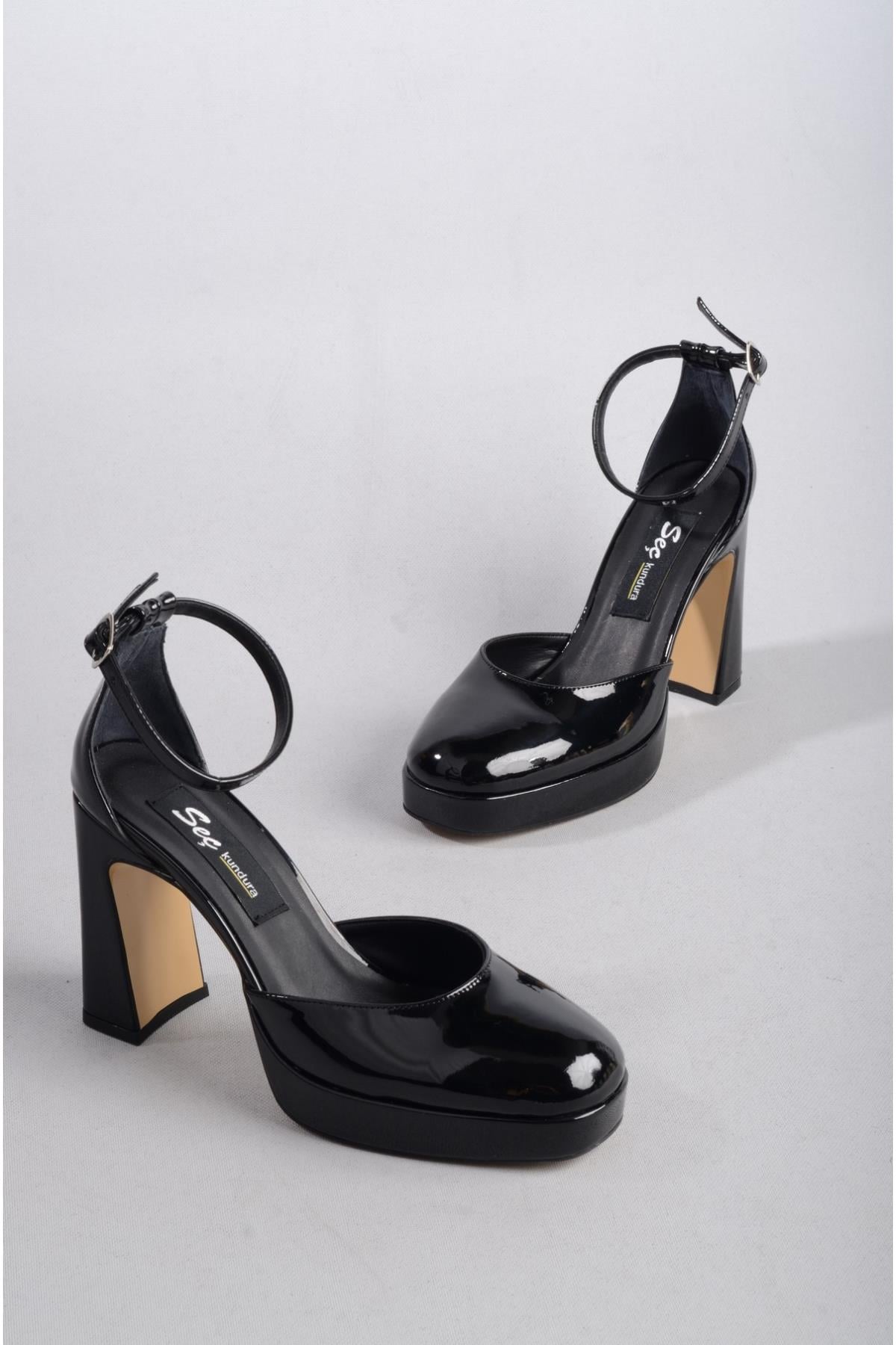 SEÇ 8249 PLATFORMLU TOPUKLU KADIN  AYAKKABI (Topuk: 9,5 cm Platform: 2 cm) SİYAH RUGAN