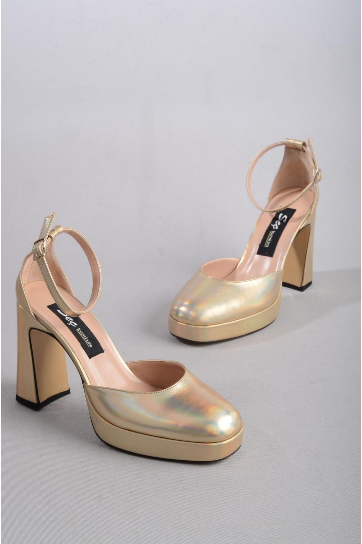 SEÇ 8249 PLATFORMLU TOPUKLU KADIN  AYAKKABI (Topuk: 9,5 cm Platform: 2 cm) ALTIN