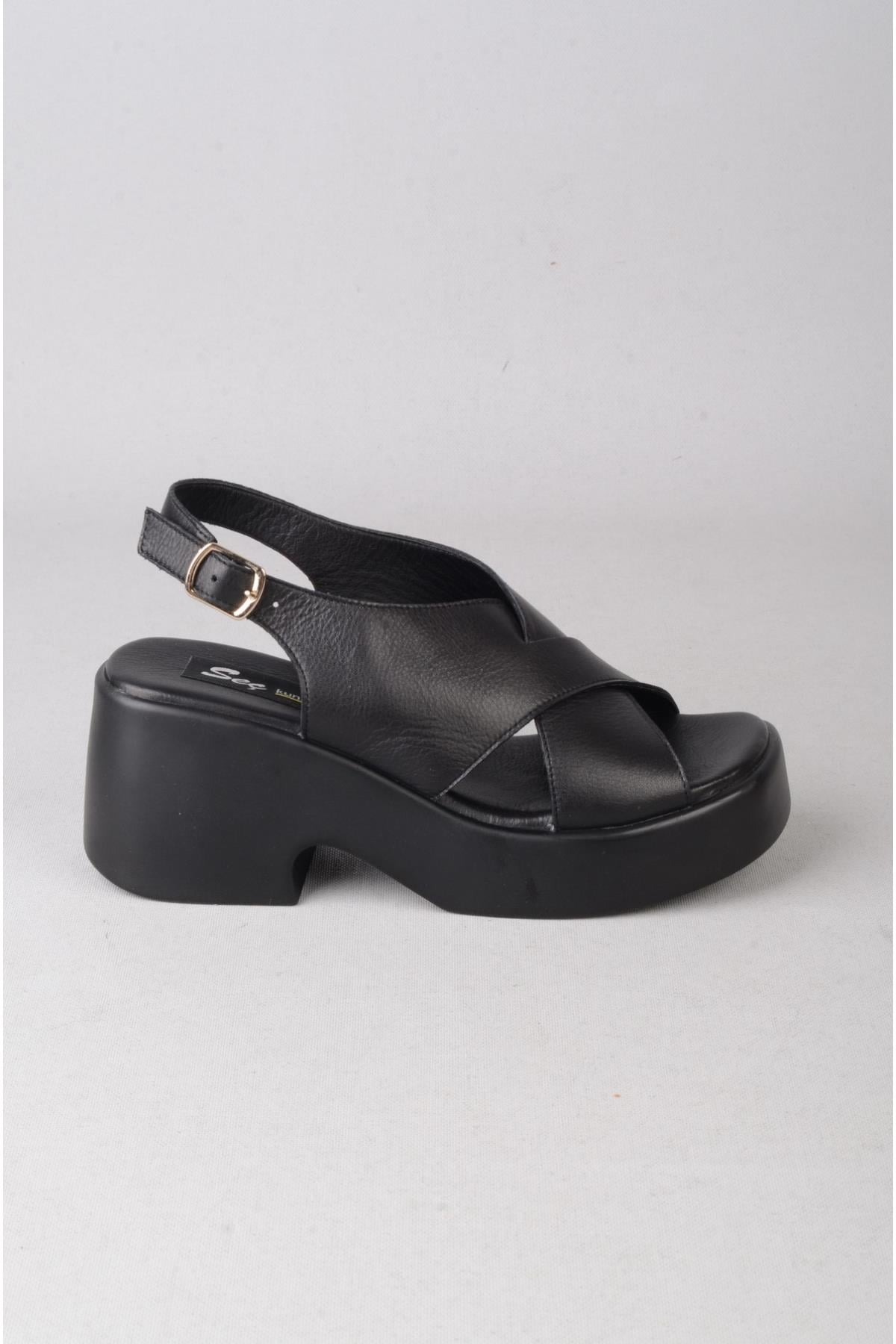 SEÇ 880015 HAKİKİ DERİ DOLGU TOPUKLU SANDALET (Topuk:7 cm, Platform:3 cm) SİYAH