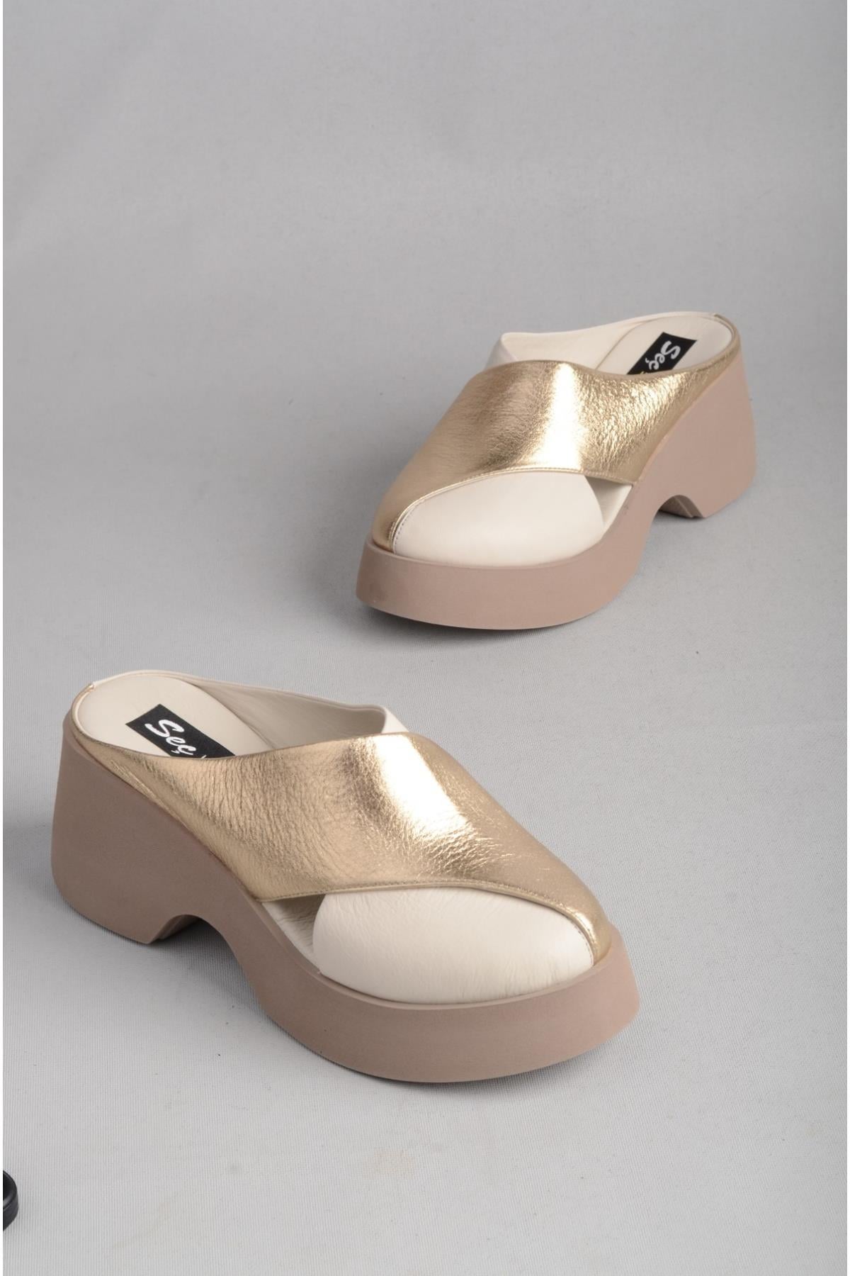 SEÇ 883649 HAKİKİ DERİ PLATFORM TOPUKLU KADIN TERLİK (Topuk Boyu:7cm) BEJ-ALTIN