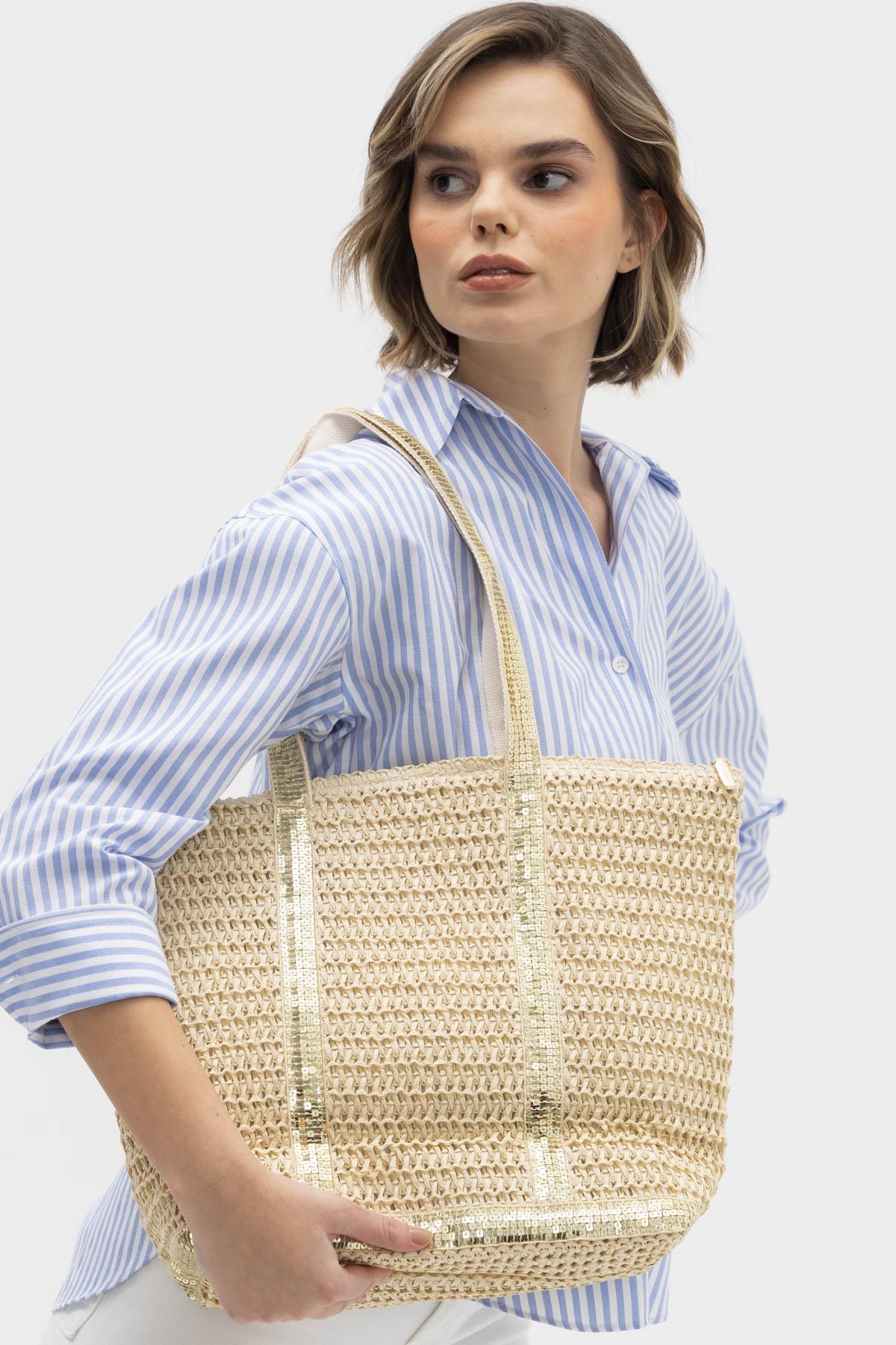 SEÇ BYN2240 SİMLİ HASIR ÇANTA BEJ-ALTIN