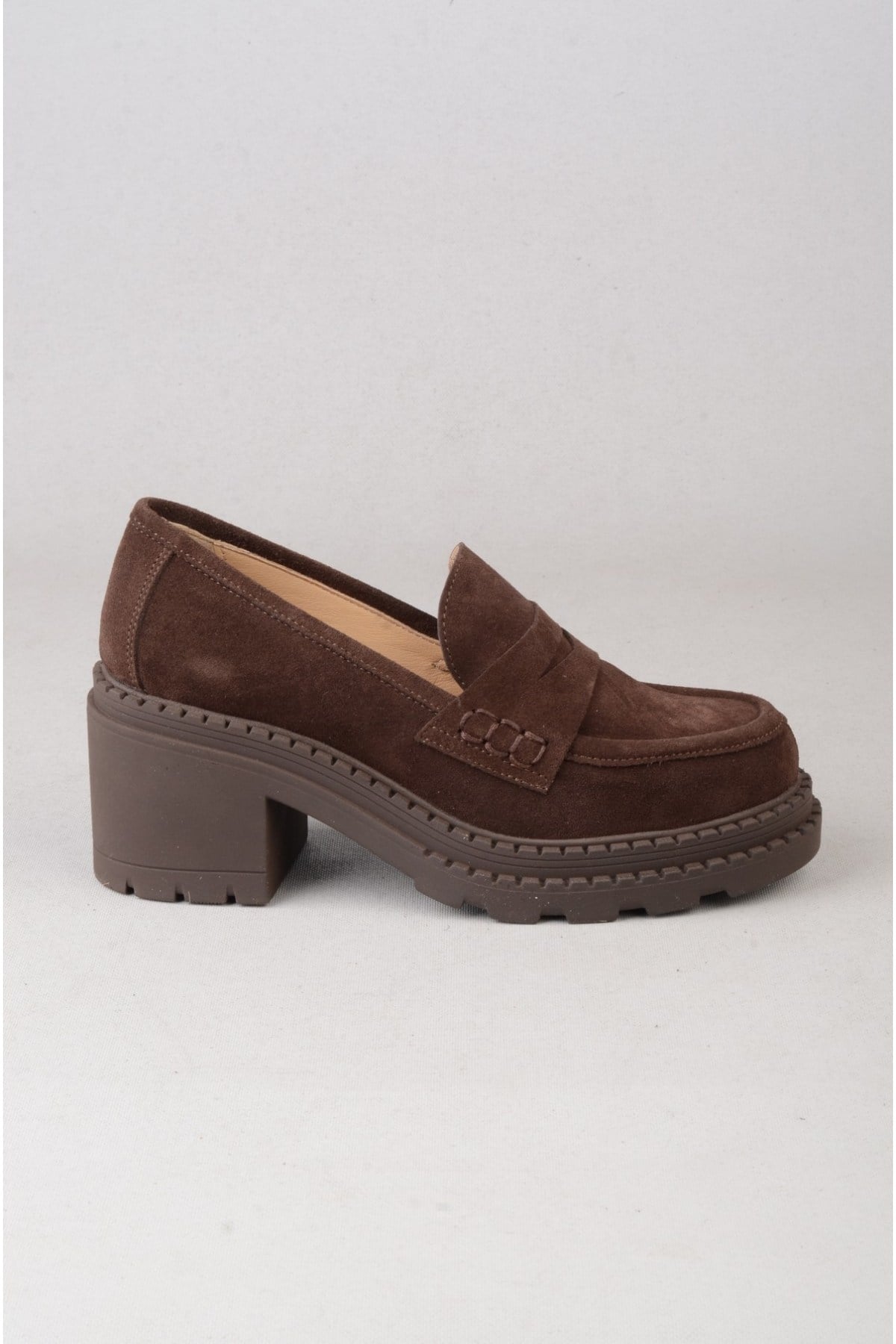 SEÇ V2752 HAKİKİ DERİ KADIN TOPUKLU LOAFER (Topuk Boyu:7 cm) KAHVE SÜET