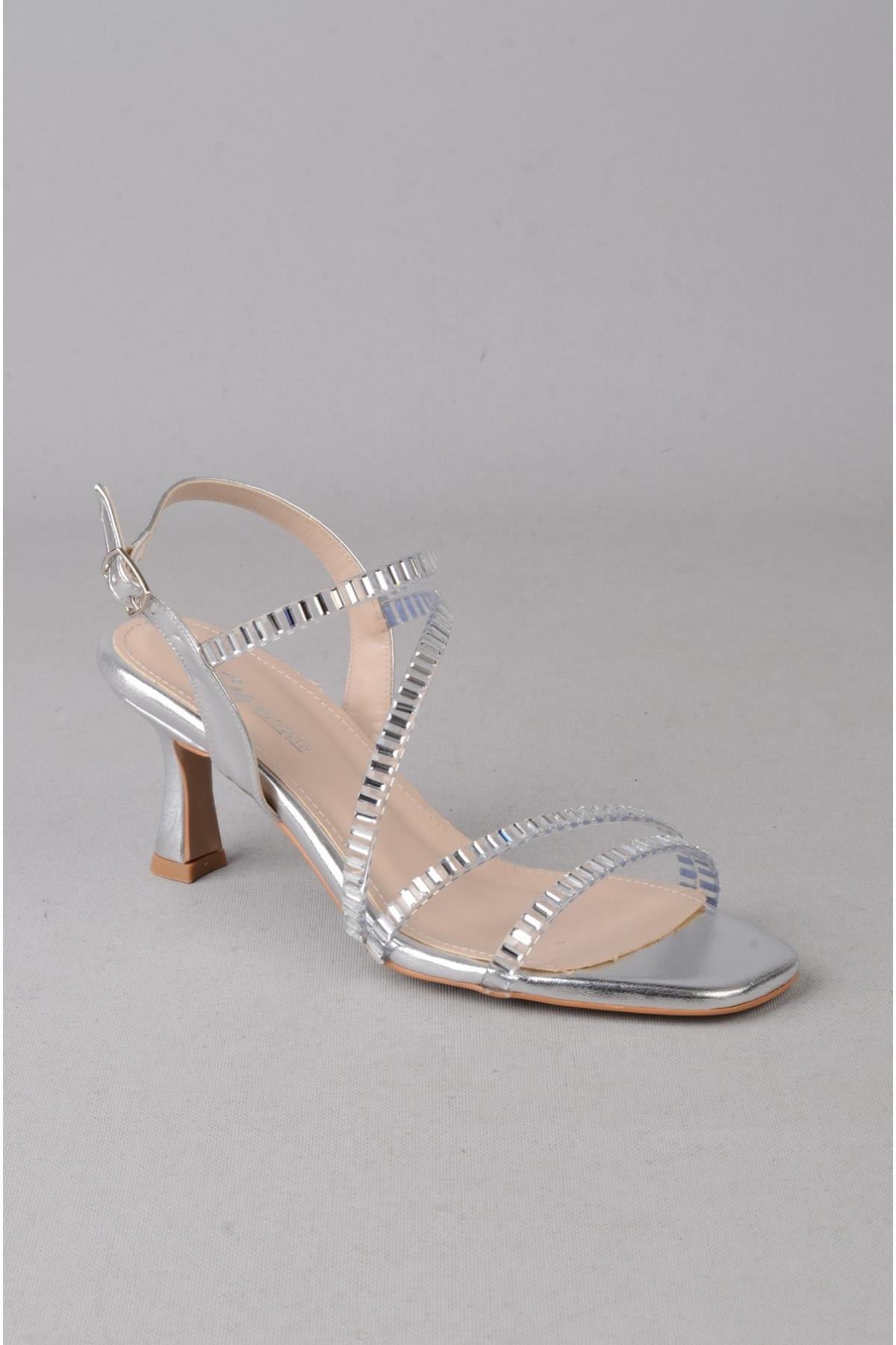SEÇ Y126 TAŞLI TOPUKLU ABİYE AYAKKABI (Topuk : 7,5cm) GÜMÜŞ