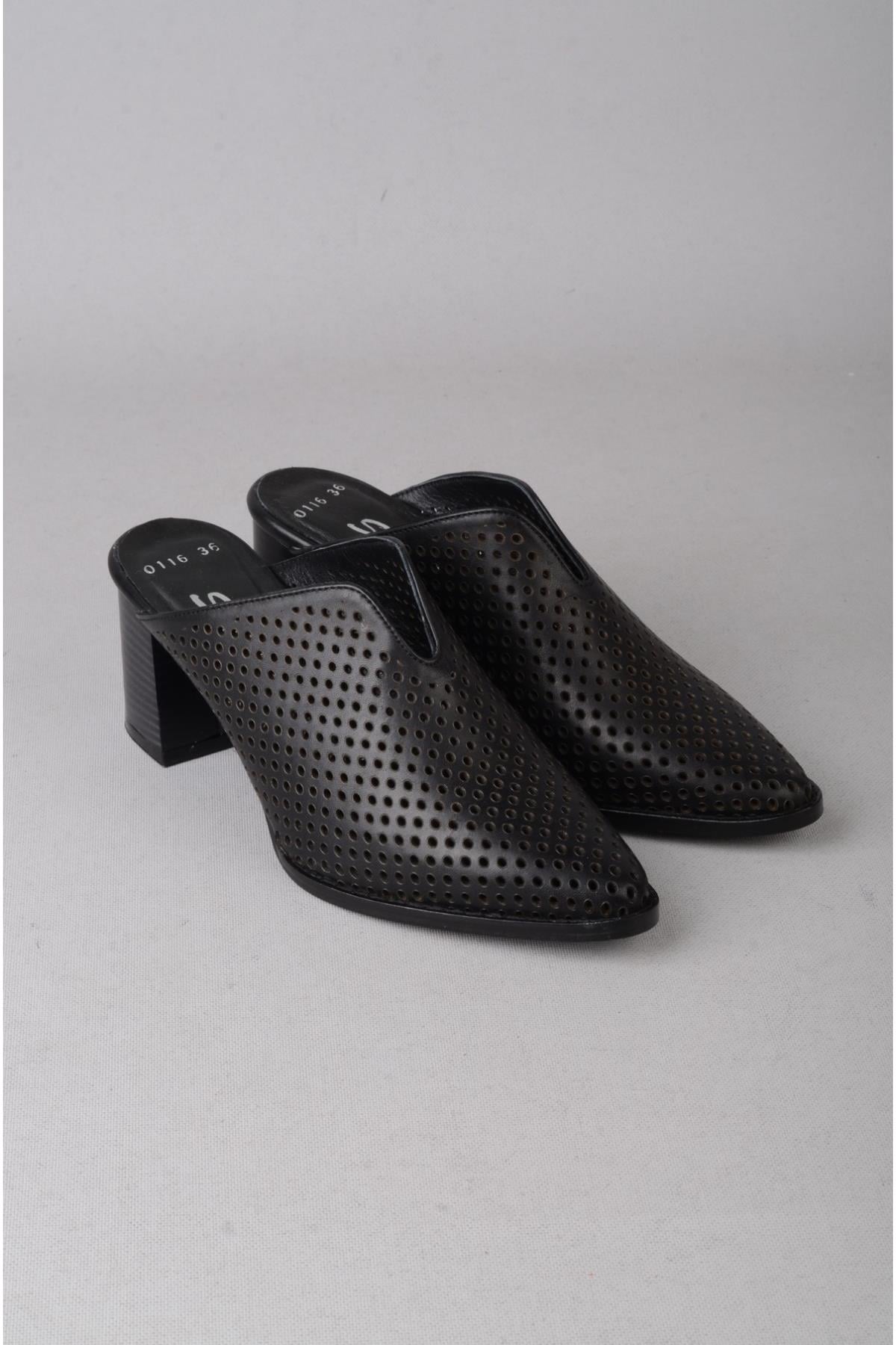SEÇ 0116 HAKİKİ DERİ KADIN TOPUKLU TERLİK (Topuk Boyu:6cm) SİYAH