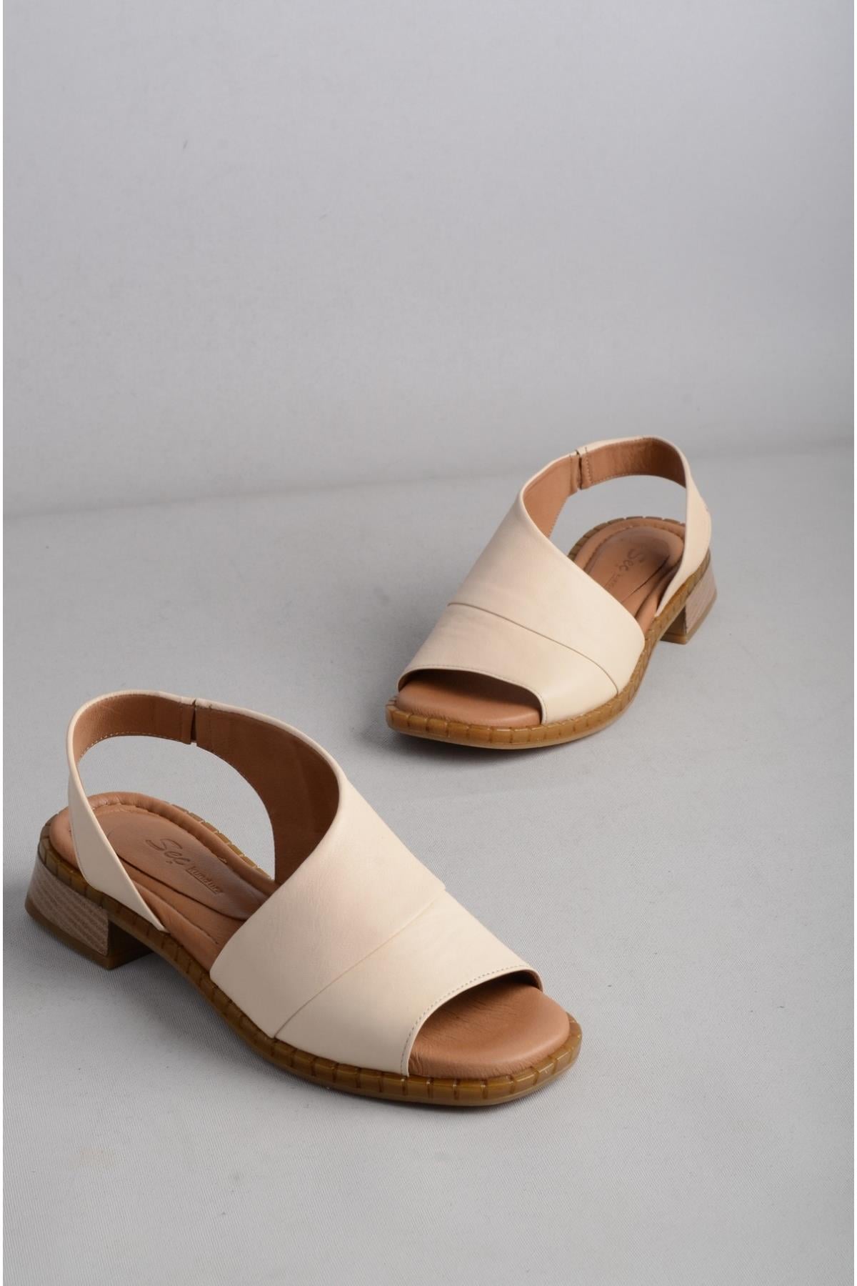 SEÇ 015 HAKİKİ DERİ TOPUKLU KADIN SANDALET BEJ