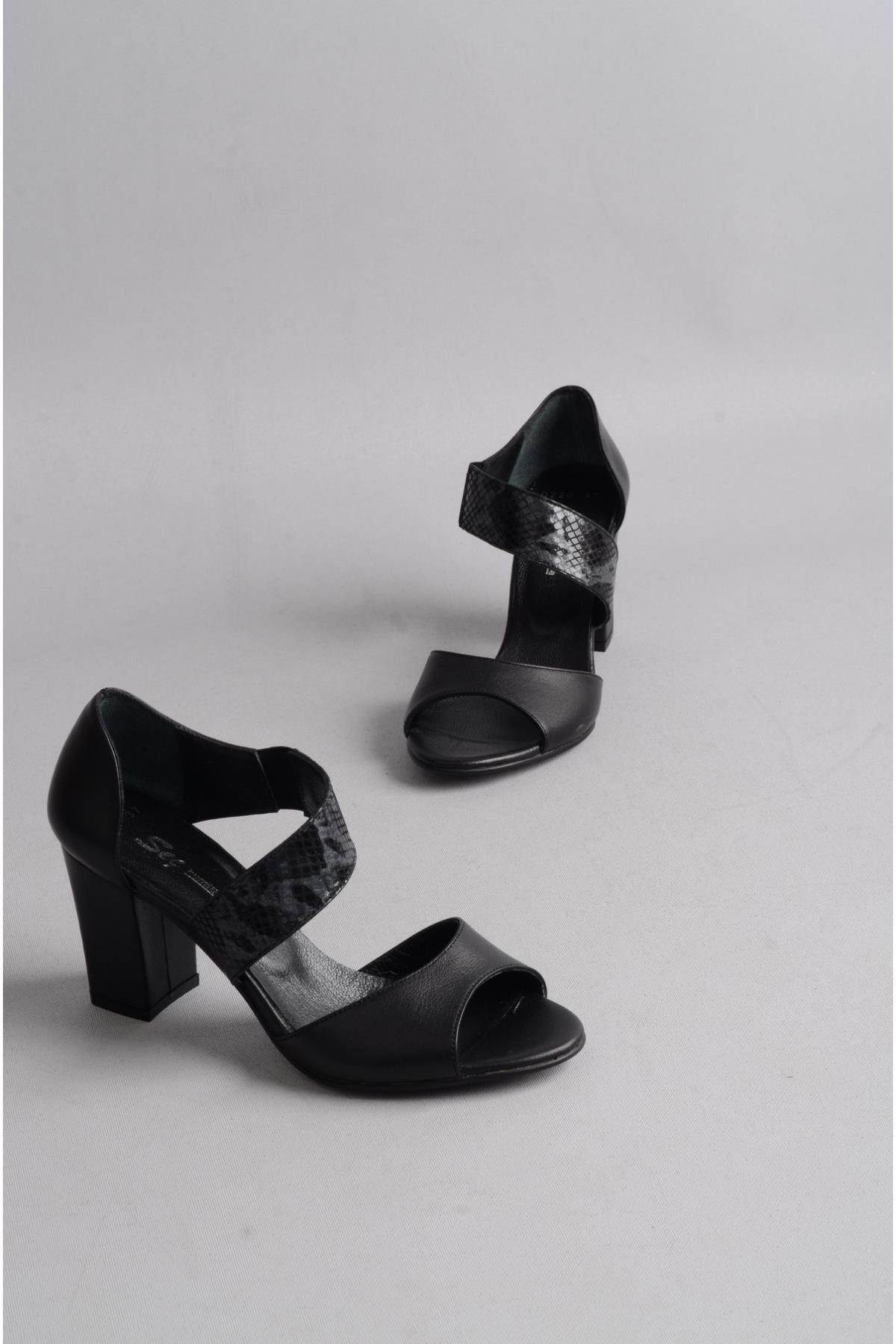 SEÇ 0220 HAKİKİ DERİ TOPUKLU KADIN AYAKKABI (8 cm) SİYAH