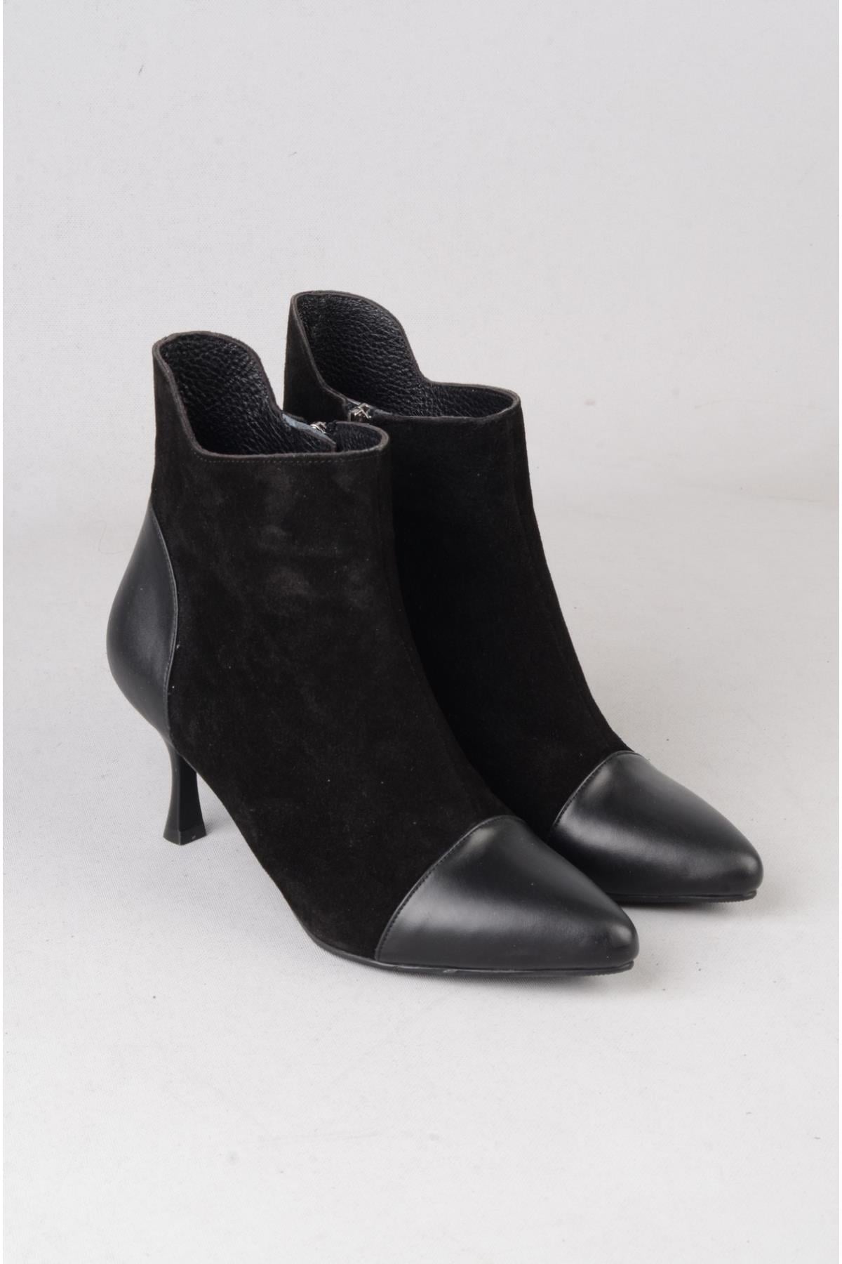 SEÇ 1063 HAKİKİ DERİ TOPUKLU KADIN BOT (Topuk Boyu: 7 cm) SİYAH SÜET