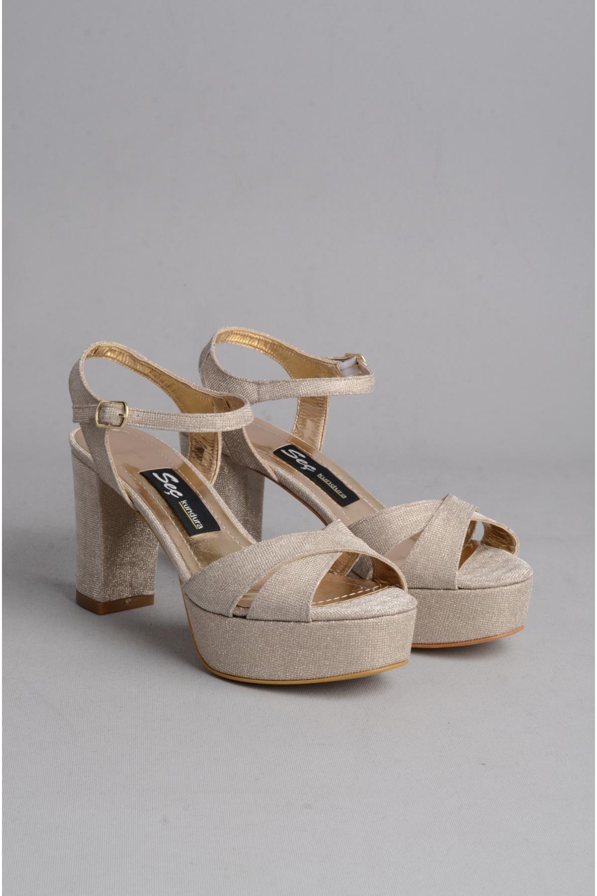 SEÇ 1360 PLATFORM TOPUKLU KADIN AYAKKABI (Topuk:9cm Platform:3cm) ALTIN SİM