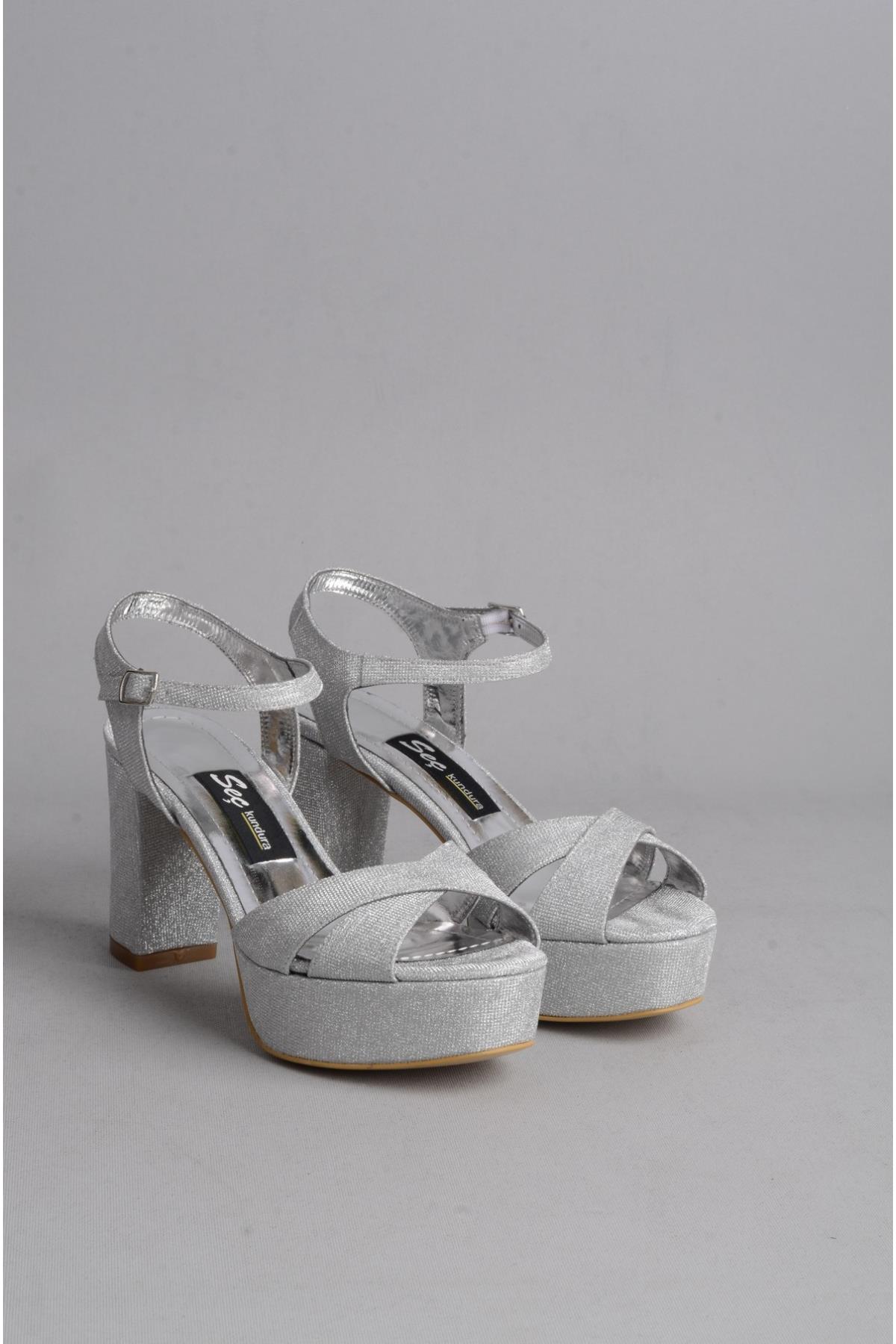 SEÇ 1360 PLATFORM TOPUKLU KADIN AYAKKABI (10cm) GÜMÜŞ SİMLİ