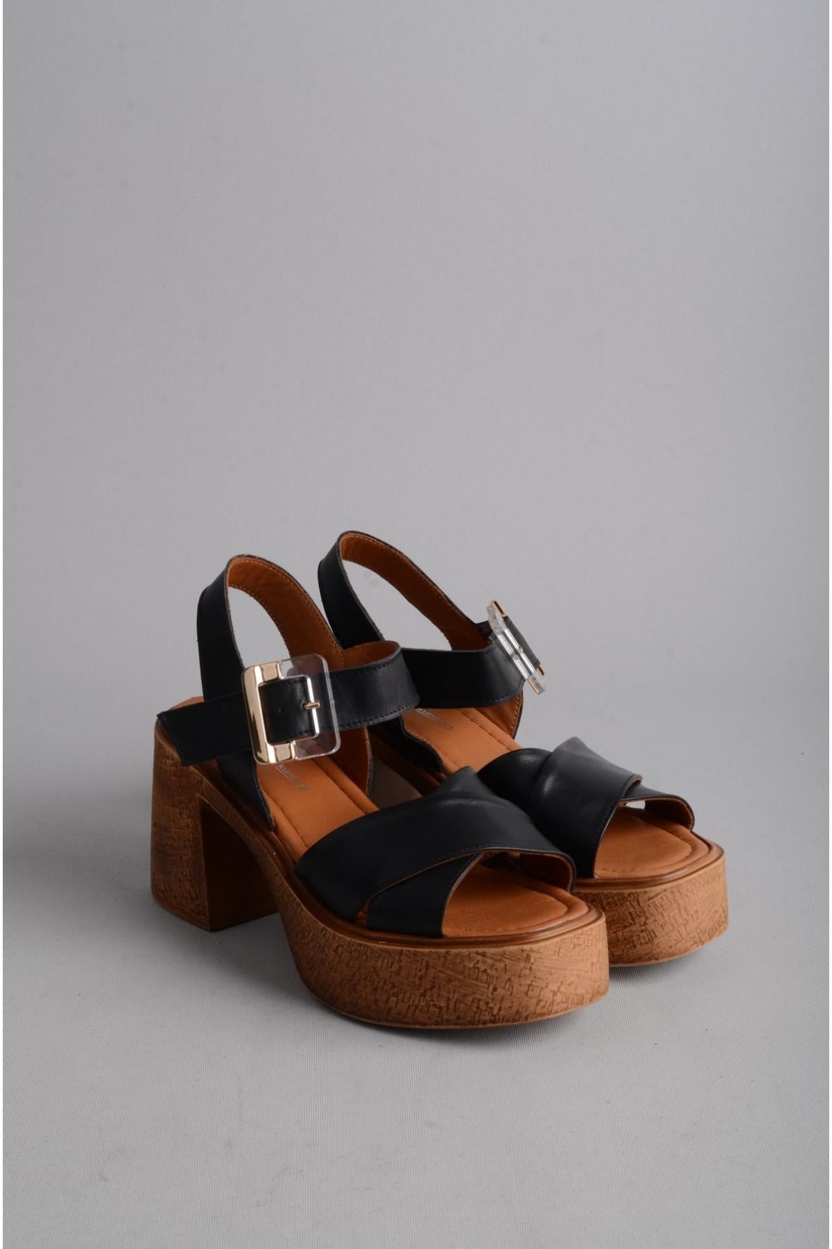 SEÇ 1409 HAKİKİ DERİ TOPUKLU SANDALET (Topuk Boyu: 9cm, Platform: 3 cm) SİYAH