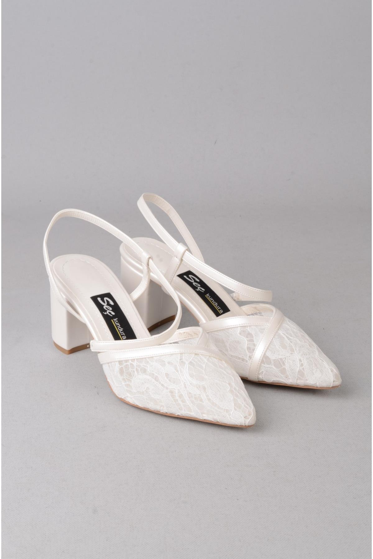 SEÇ 1533 DANTELLİ TOPUKLU AYAKKABI (Topuk Boyu:7 cm) SEDEF