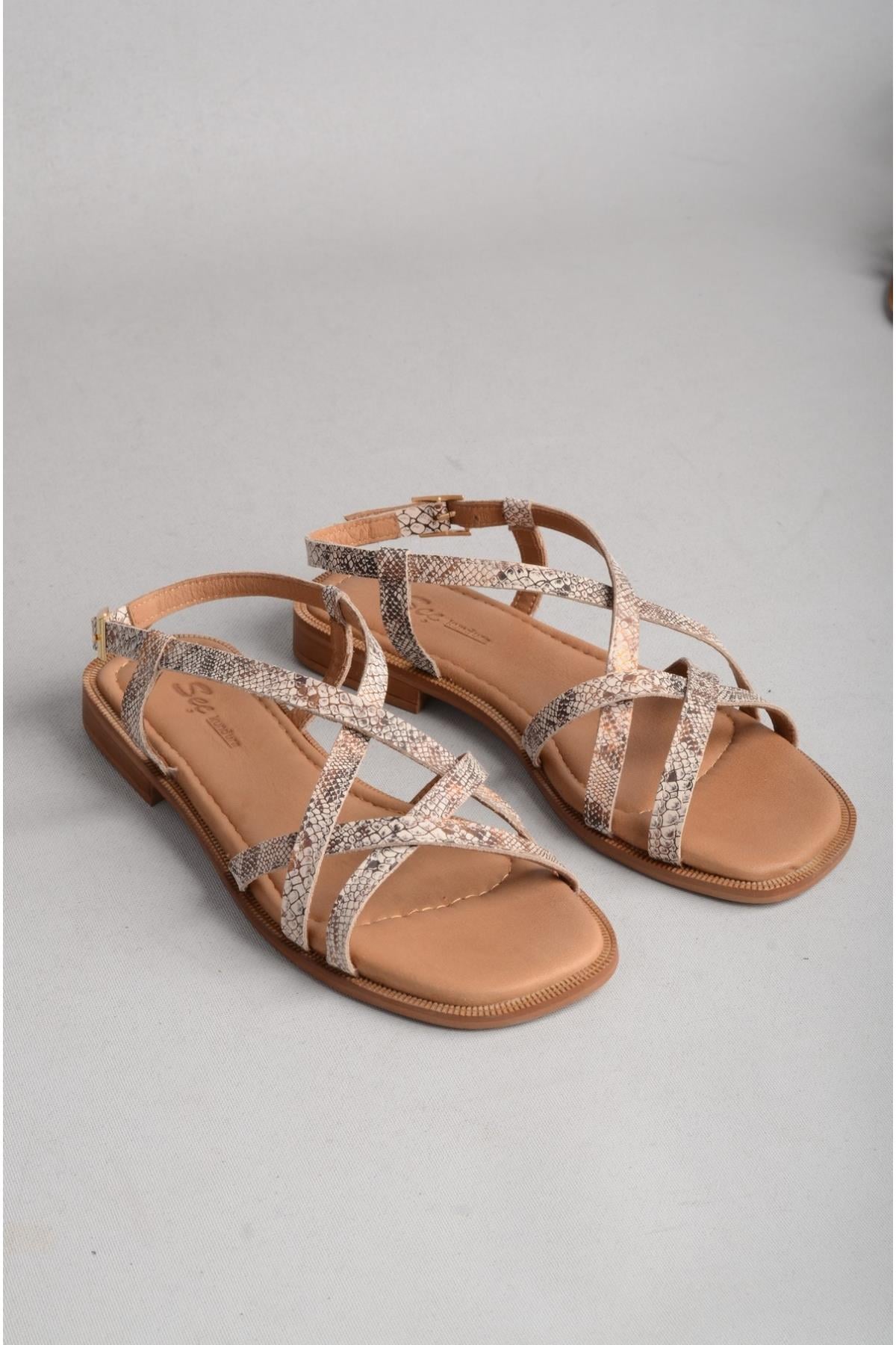 SEÇ 16213 HAKİKİ DERİ KADIN SANDALET BEJ YILAN