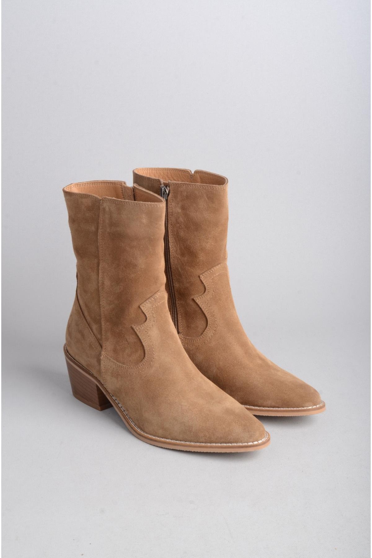 SEÇ 1678 HAKİKİ DERİ WESTERN TOPUKLU BOT (Topuk Boyu: 5 cm) TABA SÜET