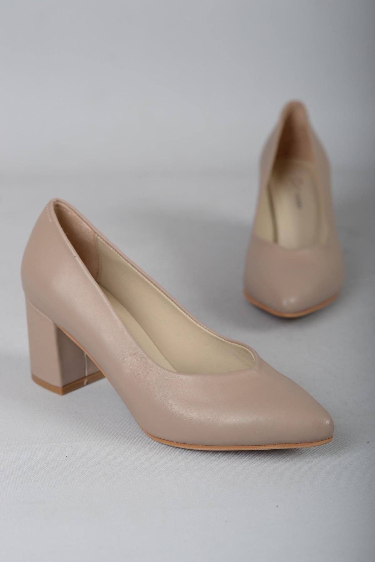 SEÇ 1930 KALIN TOPUKLU HAKİKİ DERİ STİLETTO (6,5cm) VİZON