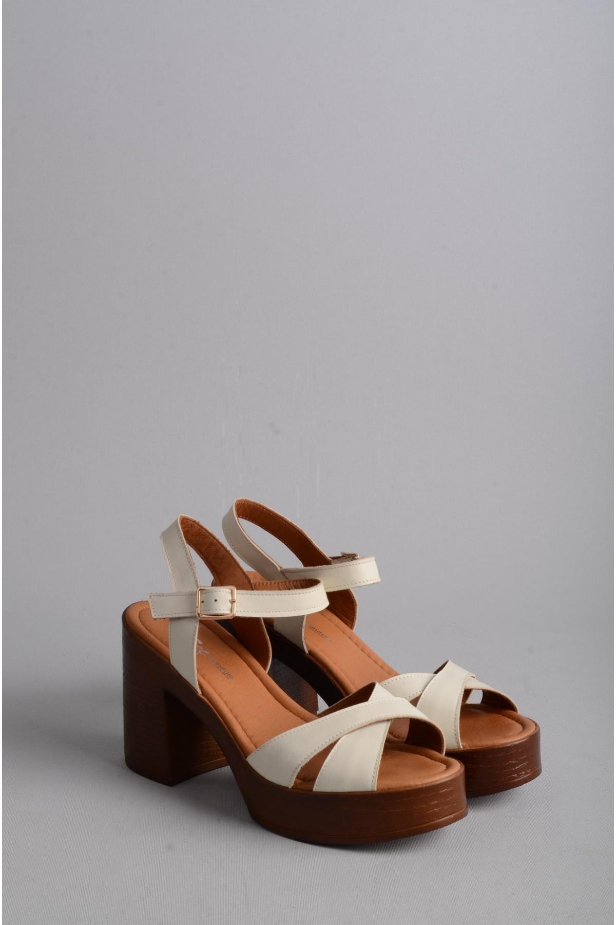SEÇ 2003 HAKİKİ DERİ TOPUKLU SANDALET (Topuk Boyu: 9,5 cm, Platform: 3cm ) BEJ