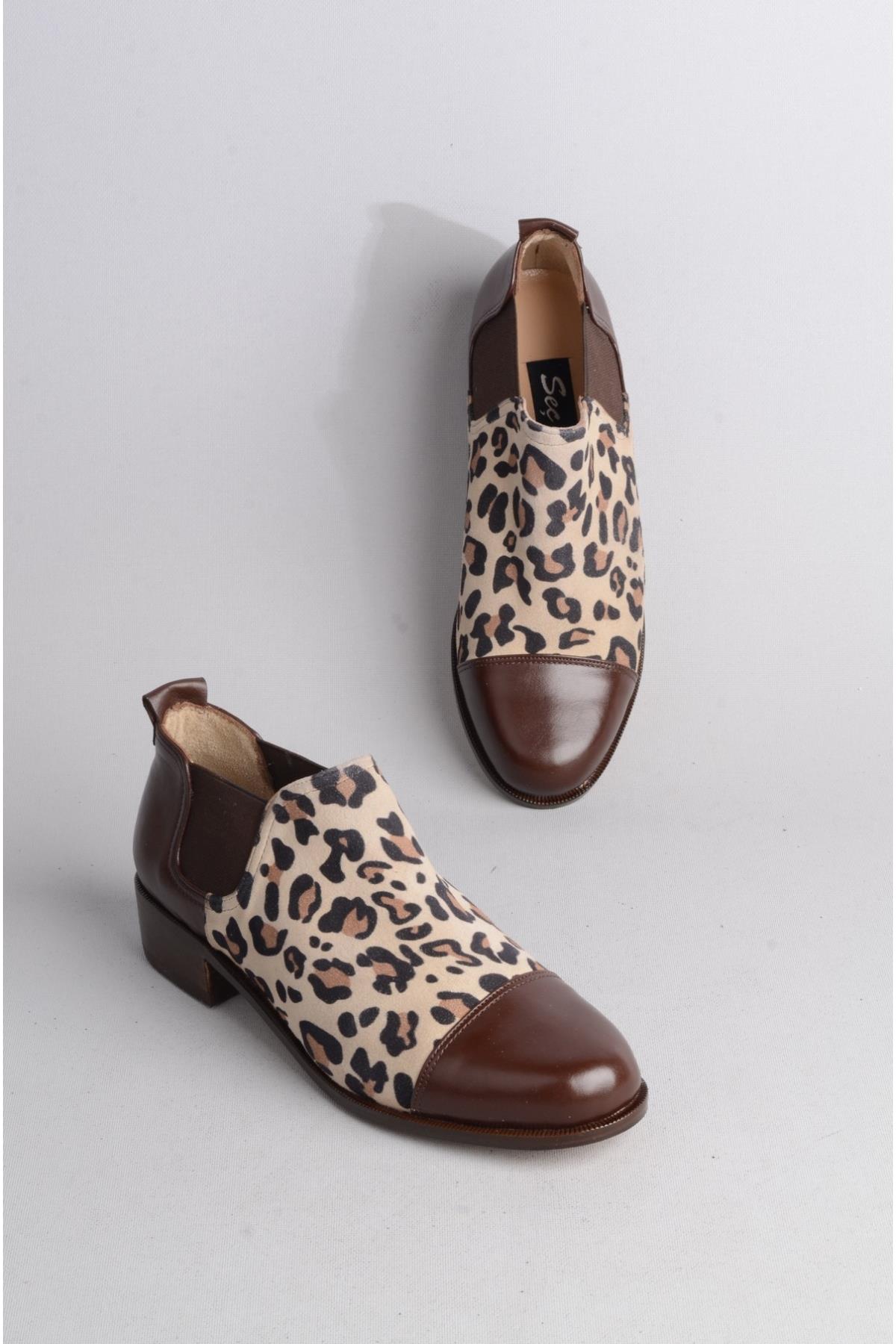 SEÇ 273 HAKİKİ KÖSELE ÖZEL ÜRETİM KADIN AYAKKABI (Topuk Boyu: 3,5cm) KAHVE LEOPAR