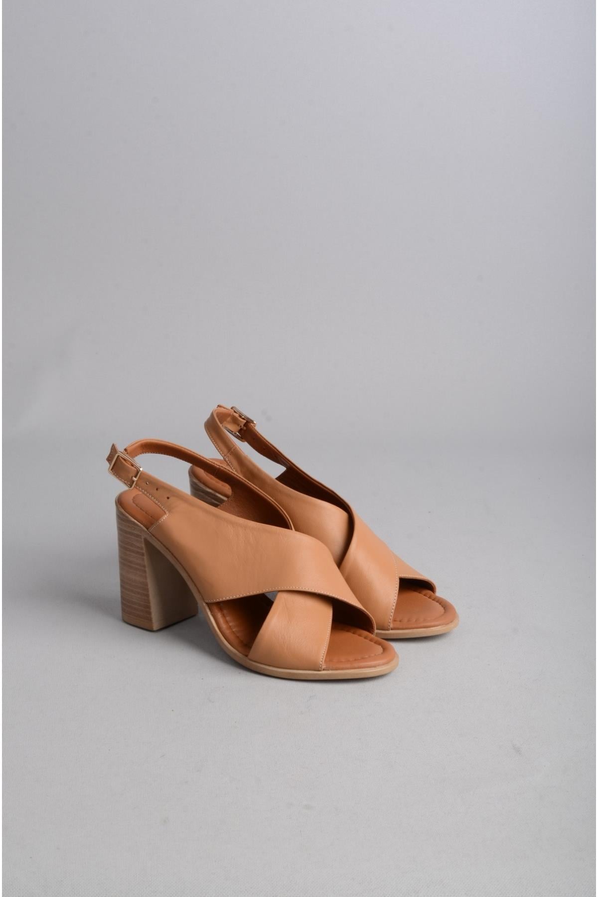 SEÇ 3004 HAKİKİ DERİ TOPUKLU KADIN SANDALET (Topuk Boyu:9 cm) TABA