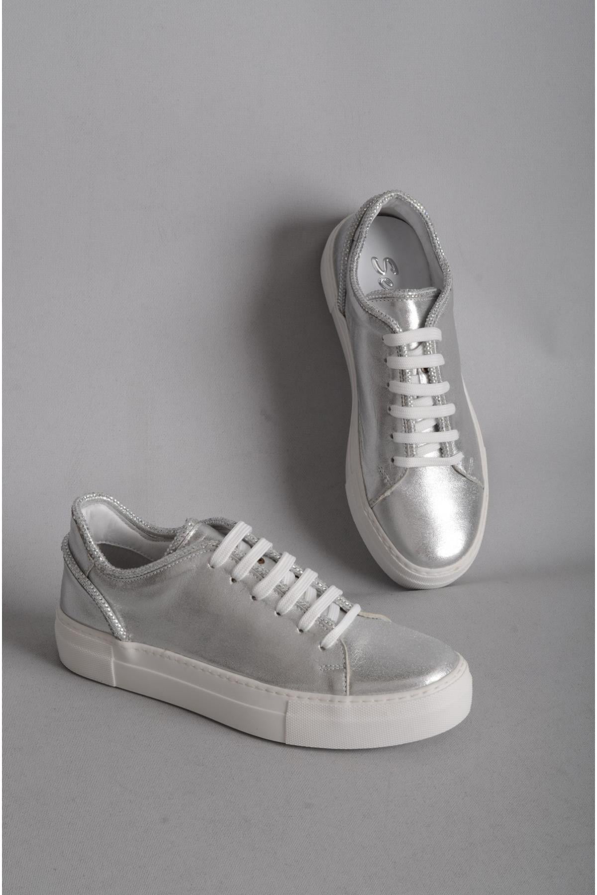SEÇ 377 HAKİKİ DERİ TAŞLI SNEAKERS AYAKKABI GÜMÜŞ