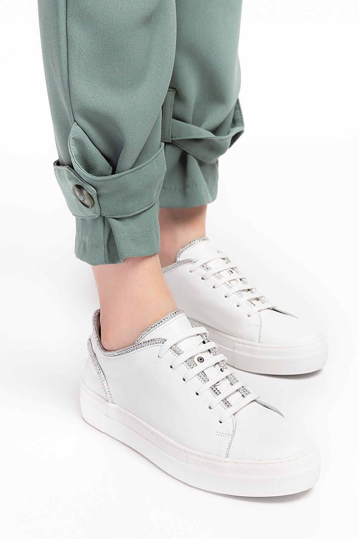 Seç 377 Hakiki Deri Taşli Sneakers Ayakkabi Beyaz
