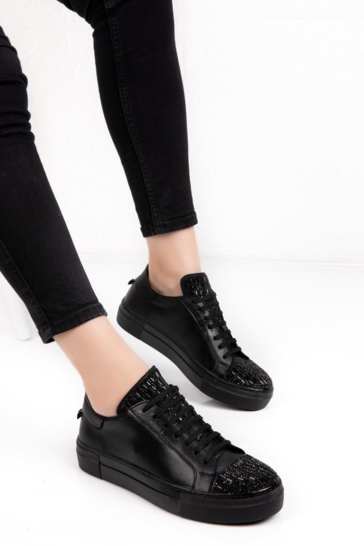 Seç 378 Hakiki Deri Taşli Sneakers Ayakkabi Siyah