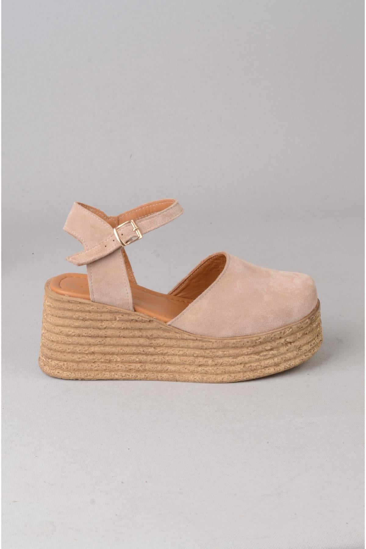 SEÇ 4069 HAKİKİ DERİ PLATFORM TOPUKLU SANDALET (Topuk Boyu:7 cm) VİZON SÜET