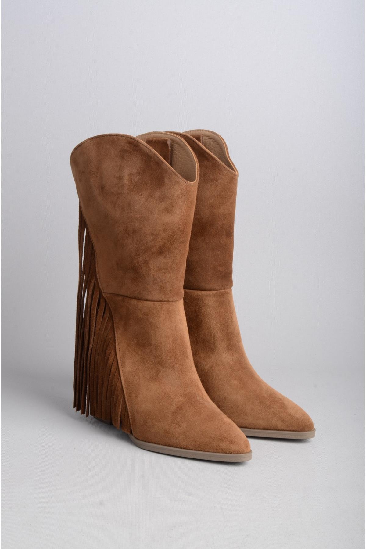 SEÇ 55060 HAKİKİ DERİ PÜSKÜLLÜ TOPUKLU KADIN ÇİZME (Topuk Boyu:8 cm) TABA SÜET