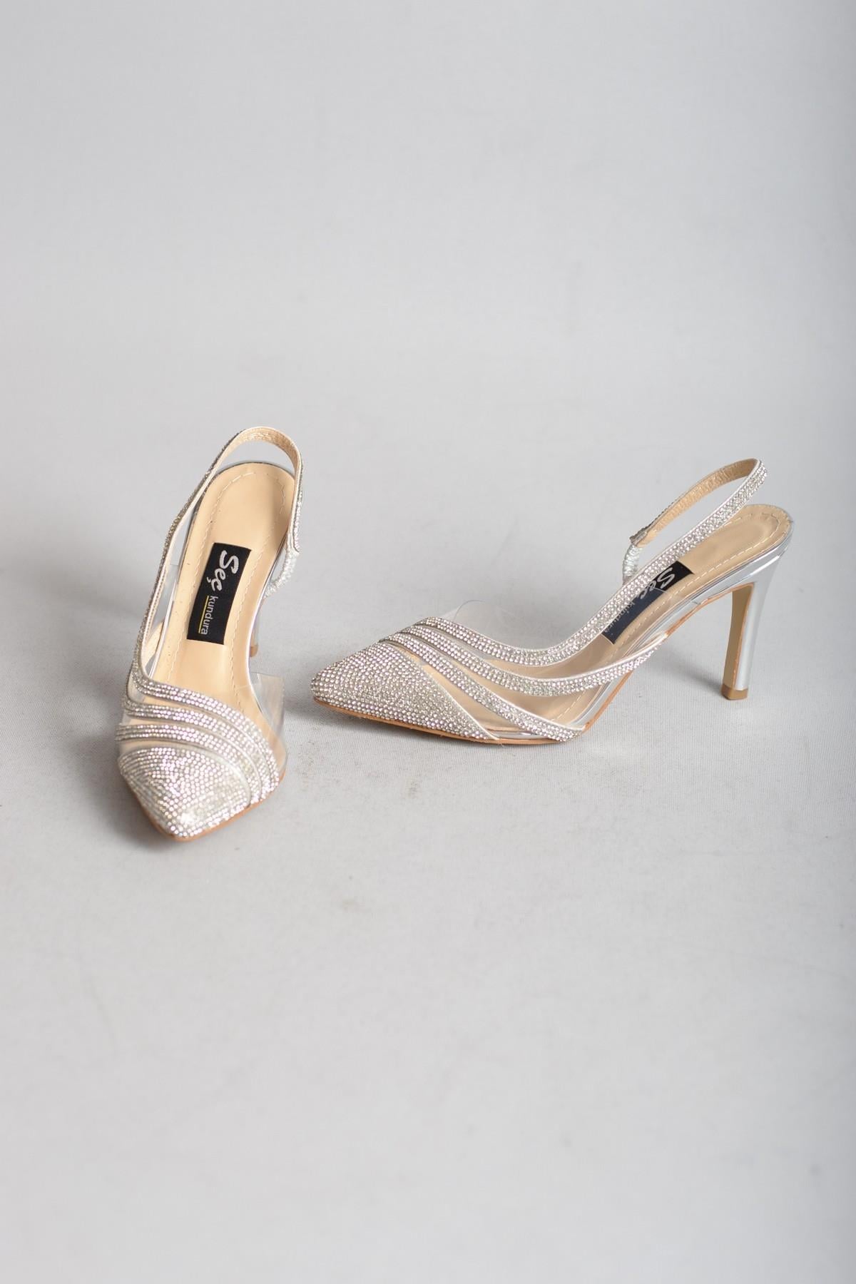 SEÇ 597 TAŞLI TOPUKLU ABİYE AYAKKABI (10cm) GÜMÜŞ