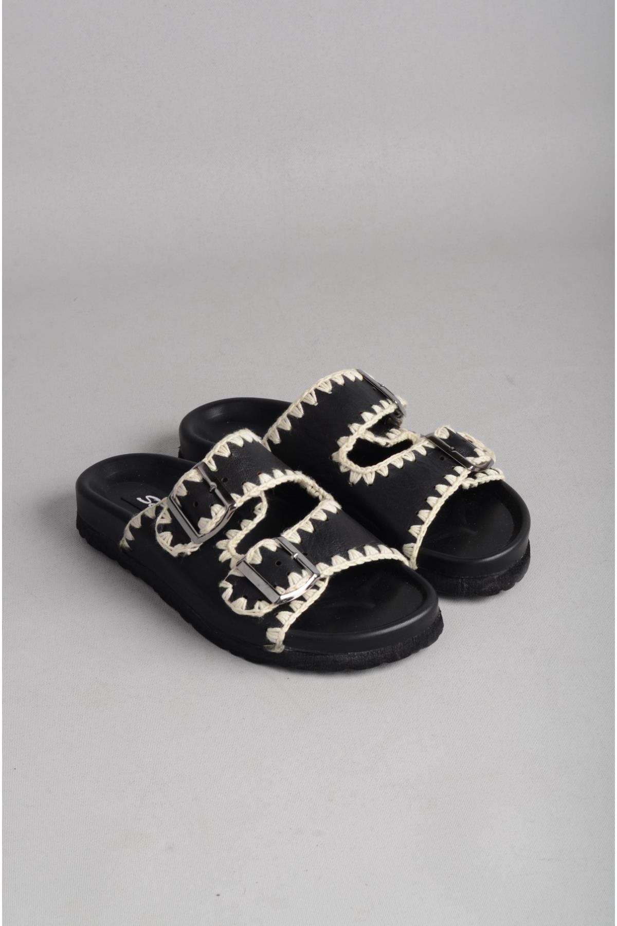 SEÇ 7900 HAKİKİ DERİ ÇİFT BANTLI  KADIN TERLİK SİYAH