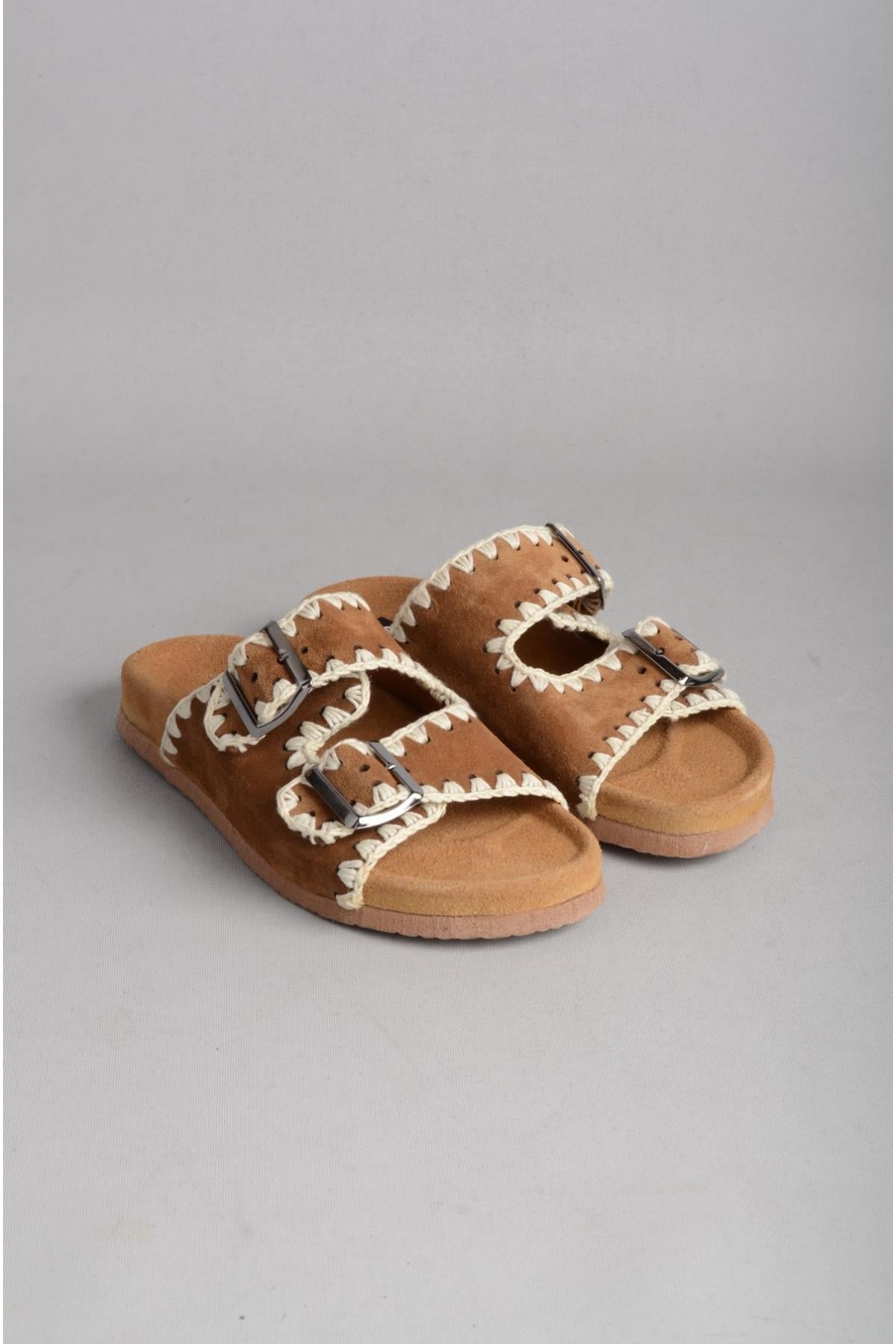 SEÇ 7900 HAKİKİ DERİ ÇİFT BANTLI  KADIN TERLİK TABA SÜET