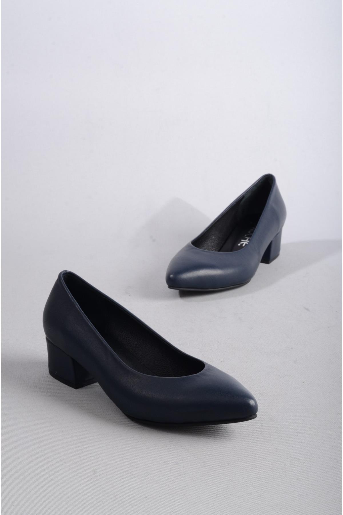 SEÇ 801 HAKİKİ DERİ TOPUKLU AYAKKABI (4cm) LACİVERT