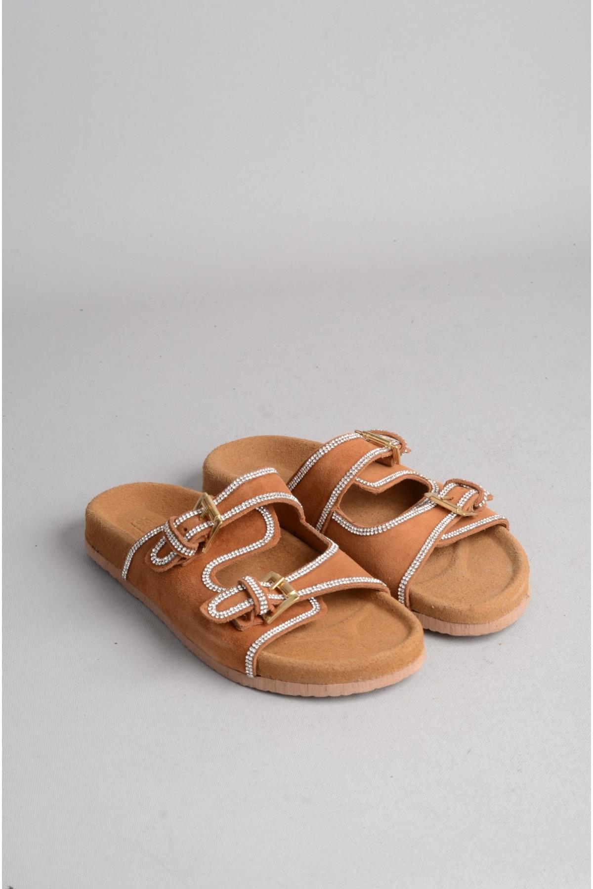 SEÇ 8043 HAKİKİ DERİ TAŞLI KADIN TERLİK TABA SÜET