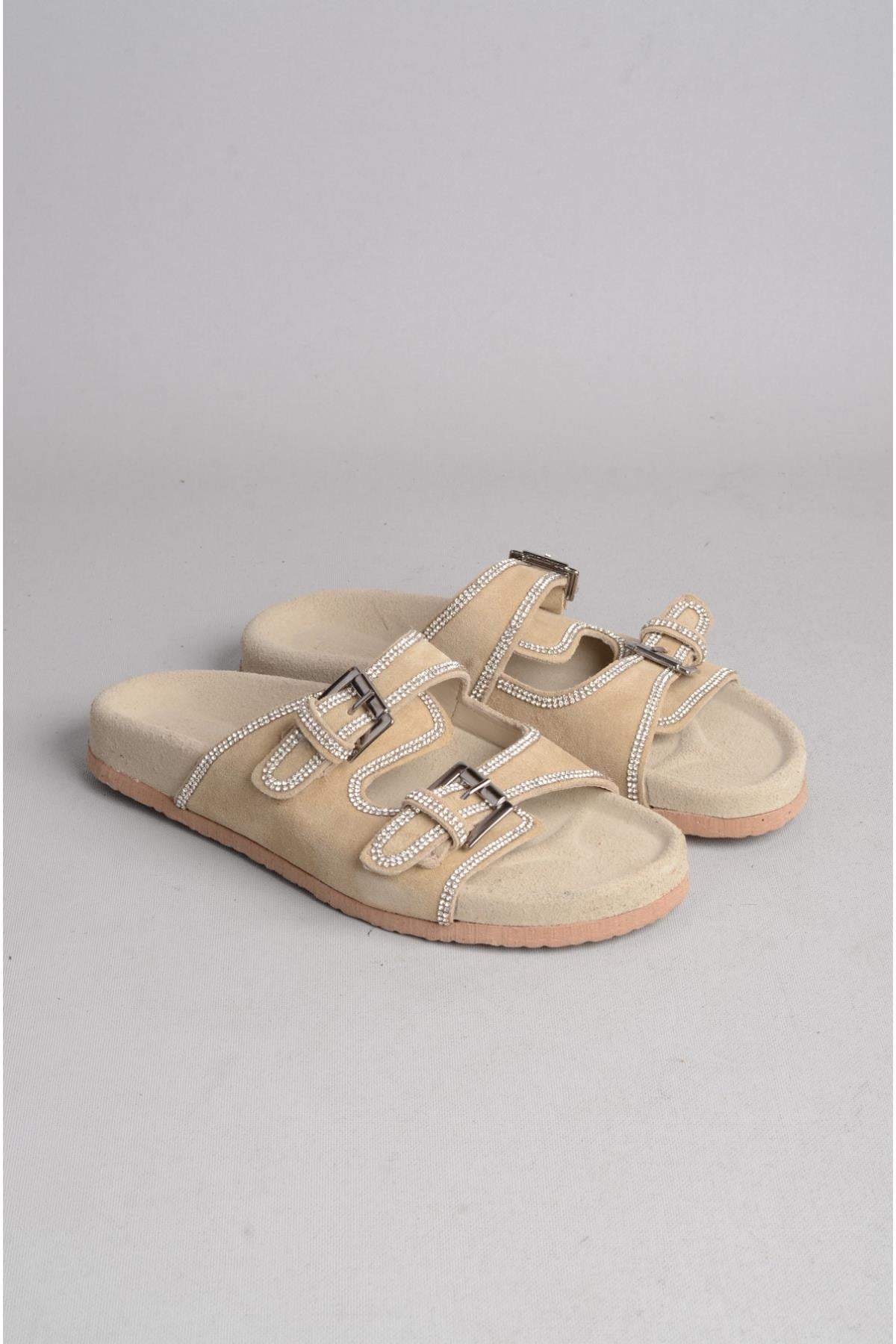 SEÇ 8043 HAKİKİ DERİ TAŞLI KADIN TERLİK BEJ SÜET