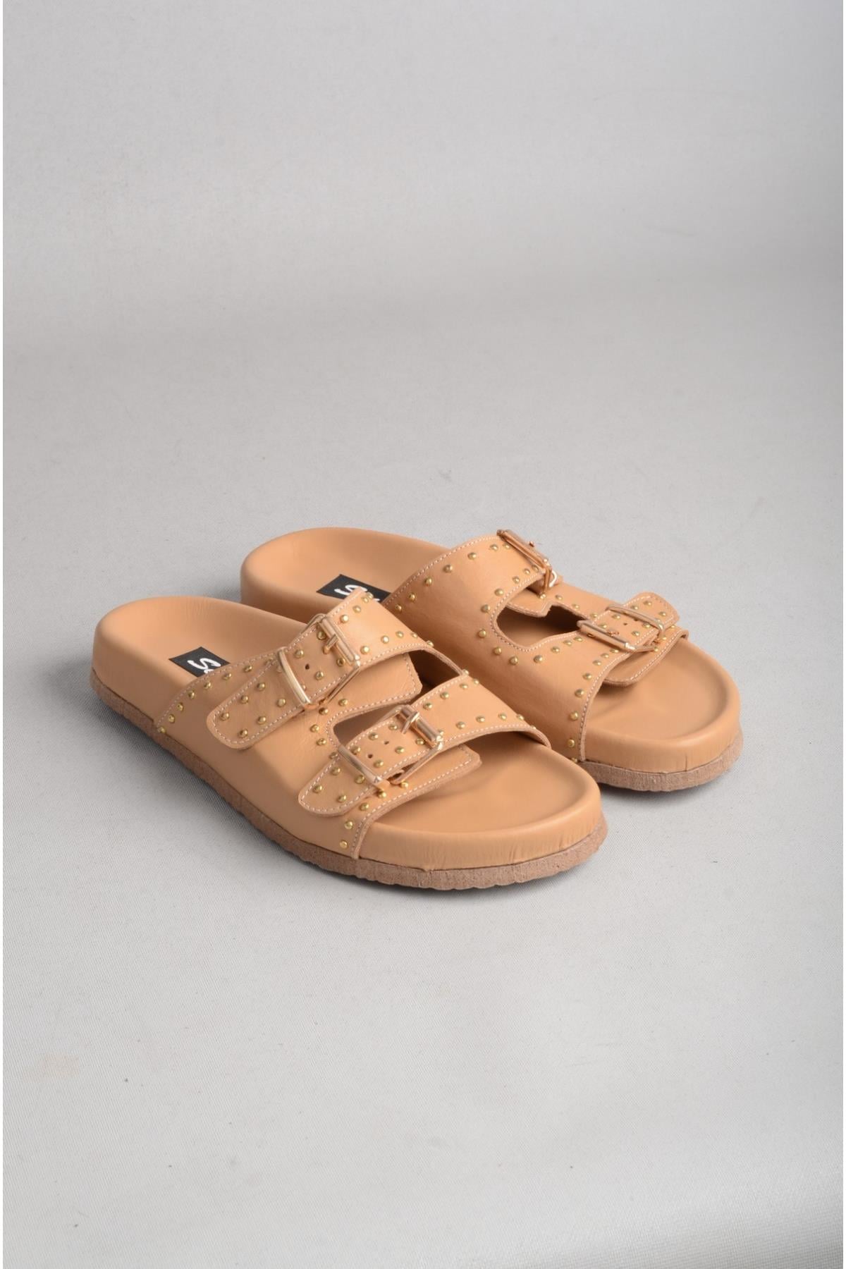 SEÇ 8112 HAKİKİ DERİ ÇİFT BANTLI KADIN TERLİK KARAMEL