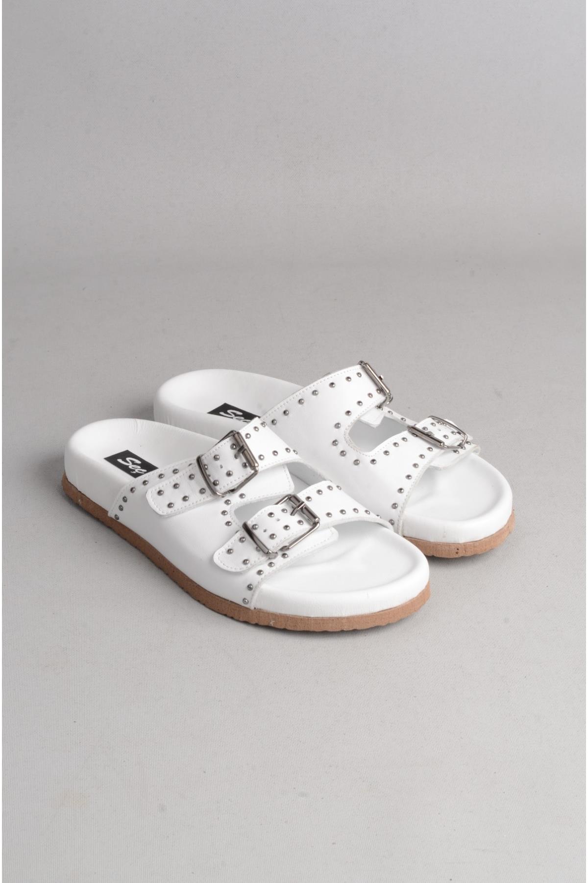 SEÇ 8112 HAKİKİ DERİ ÇİFT BANTLI KADIN TERLİK BEYAZ