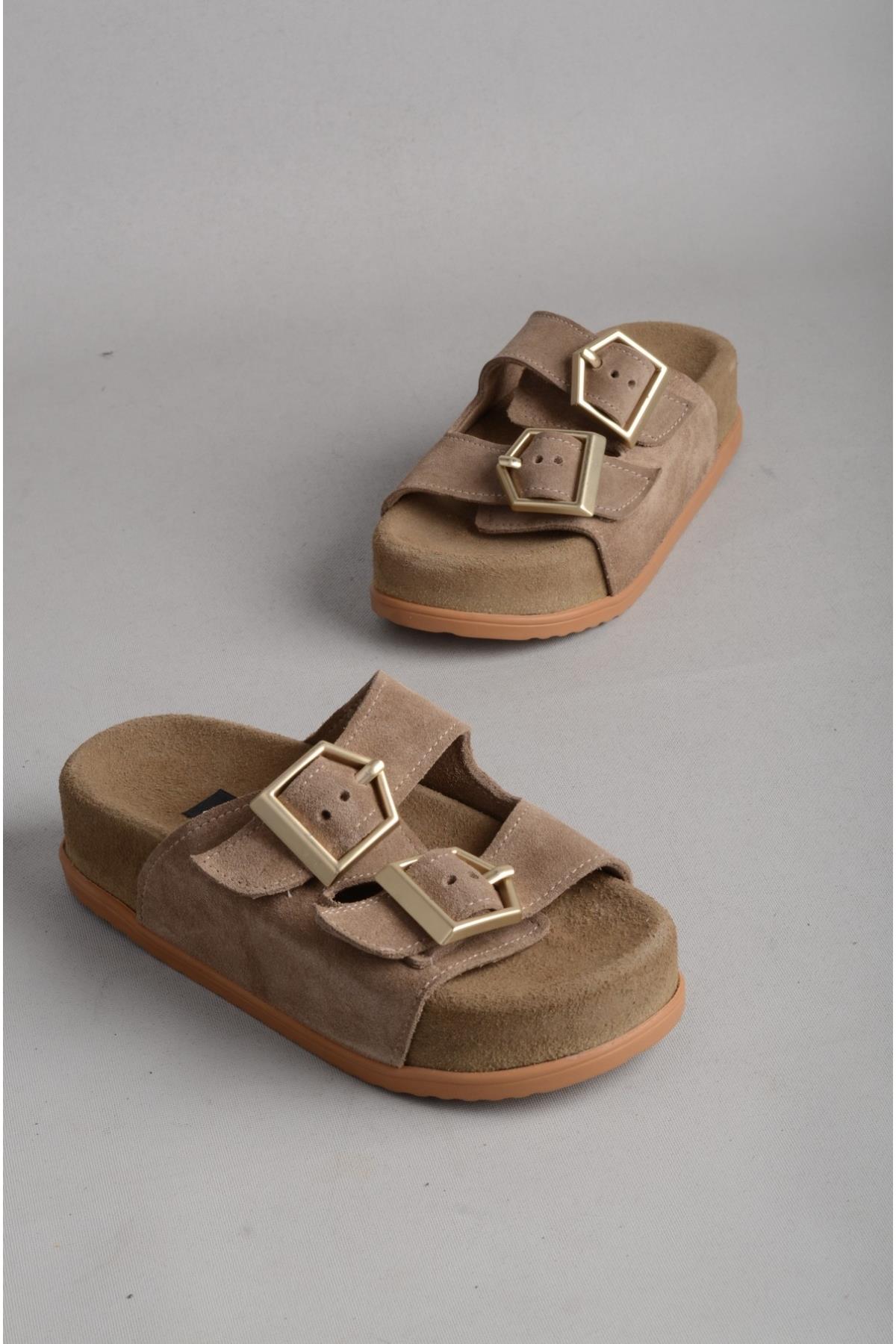 SEÇ 8145 HAKİKİ DERİ ÇİFT BANTLI KALIN TABANLI KADIN TERLİK VİZON SÜET