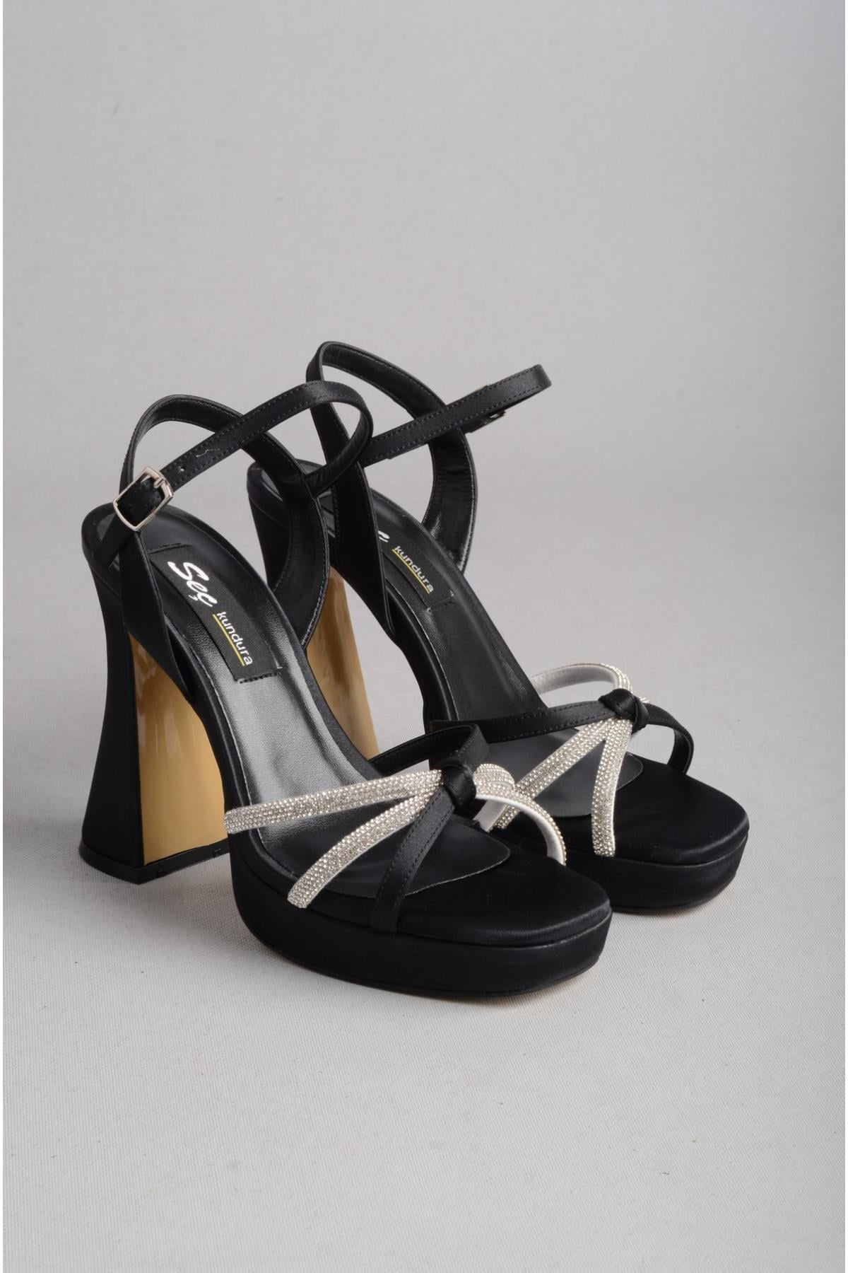 SEÇ 8158 TAŞLI PLATFORM ABİYE AYAKKABI (Topuk:12cm Platform:2,5cm) SİYAH SATEN