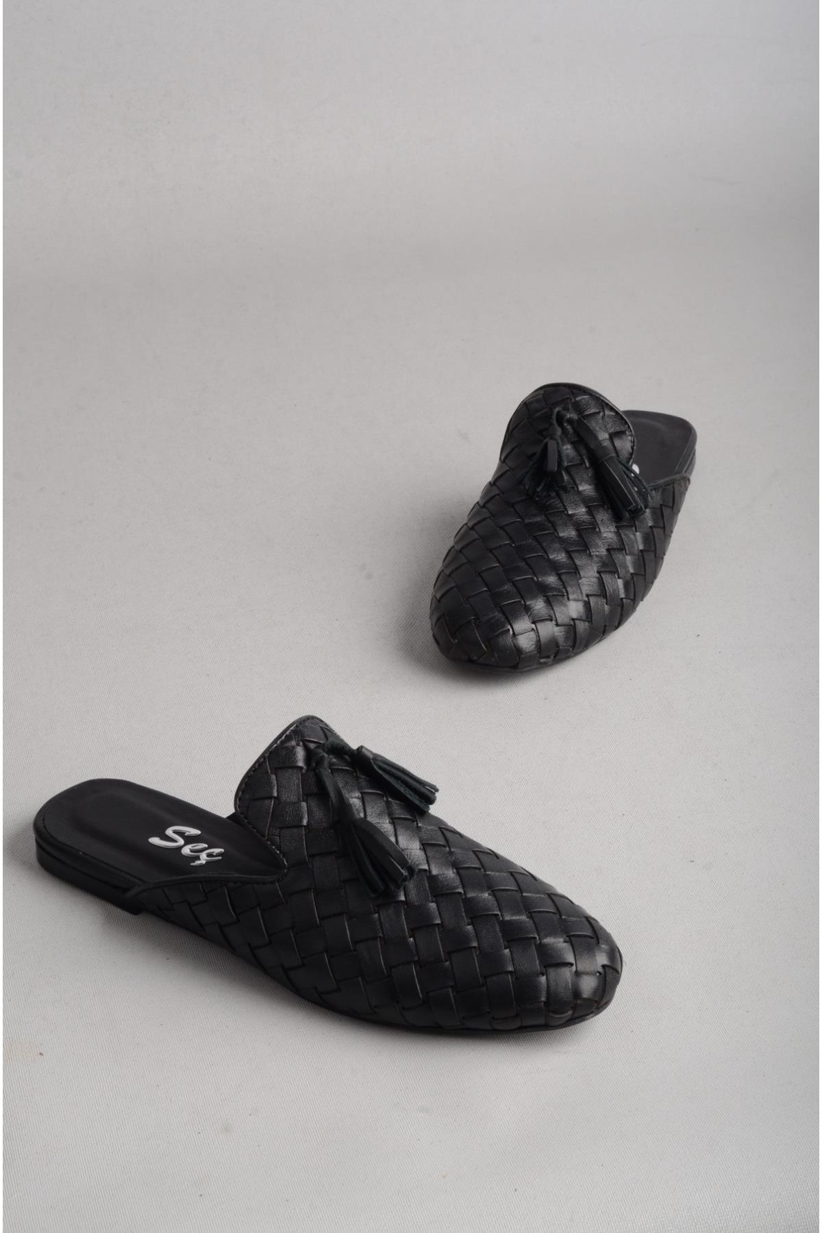 SEÇ 8159 HAKİKİ DERİ ÖRGÜ KADIN TERLİK SİYAH