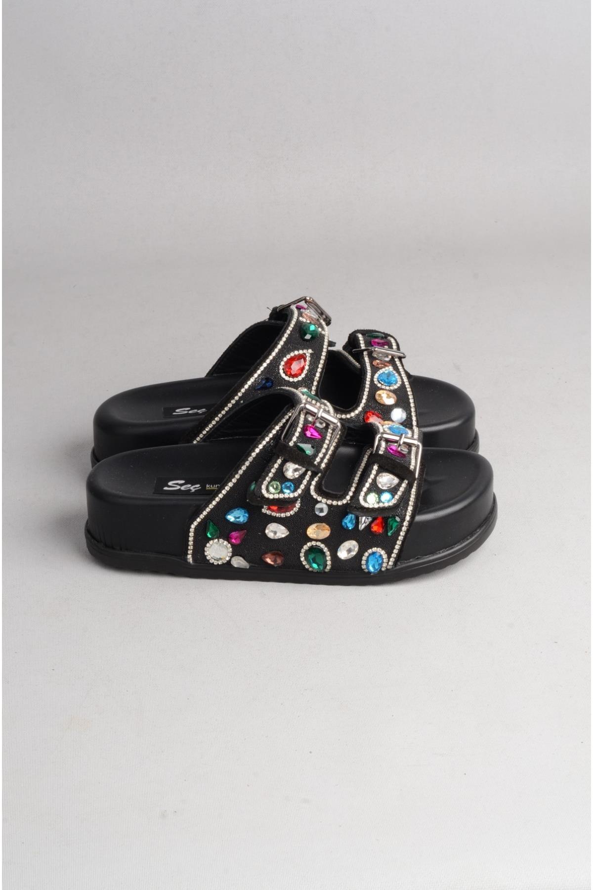 SEÇ 8182 HAKİKİ DERİ ÇİFT BANTLI TAŞLI KADIN TERLİK SİYAH SÜET