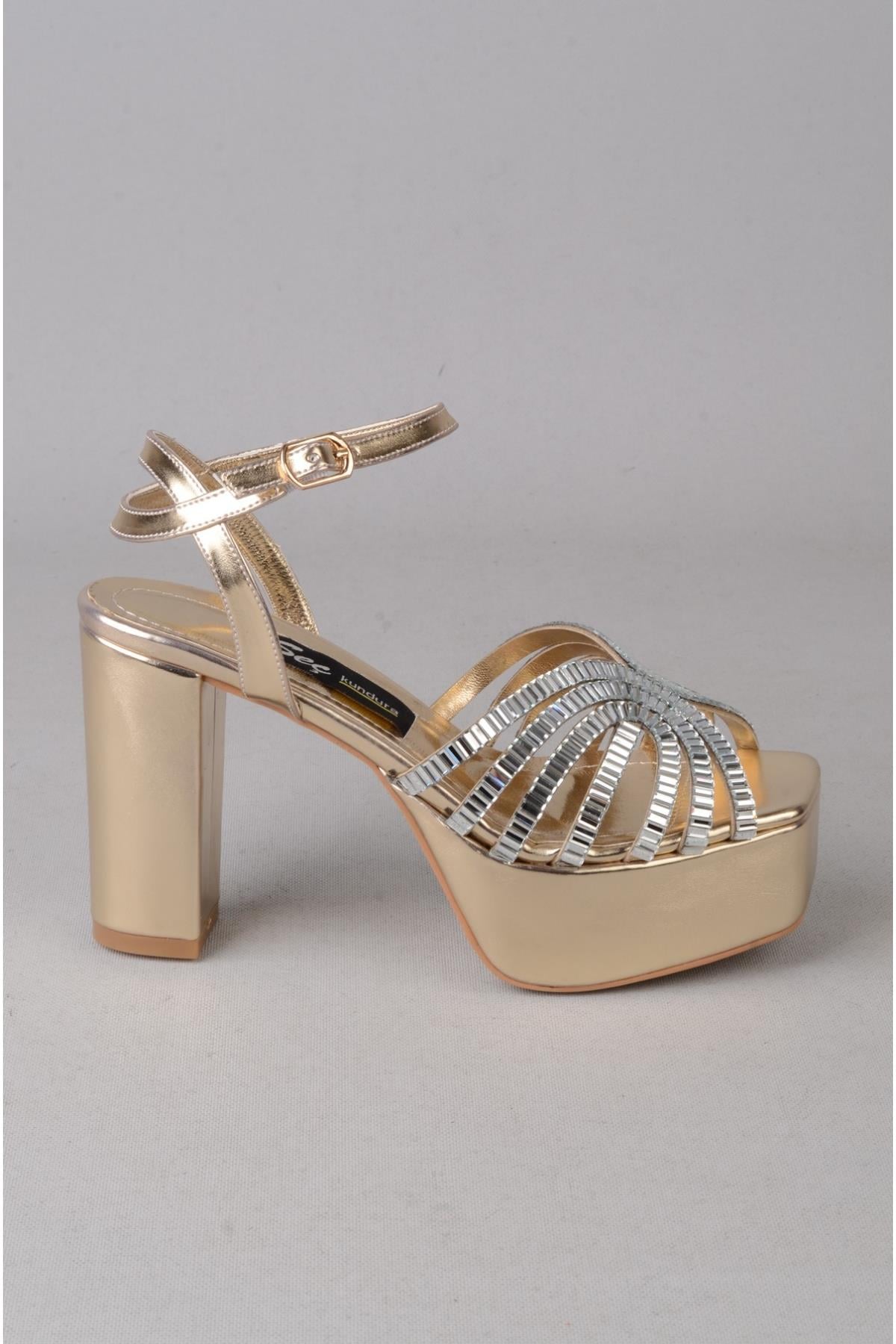 SEÇ 847 PLATFORM TOPUKLU TAŞLI AYAKKABI (Topuk:11 cm, platform:4 cm) ALTIN