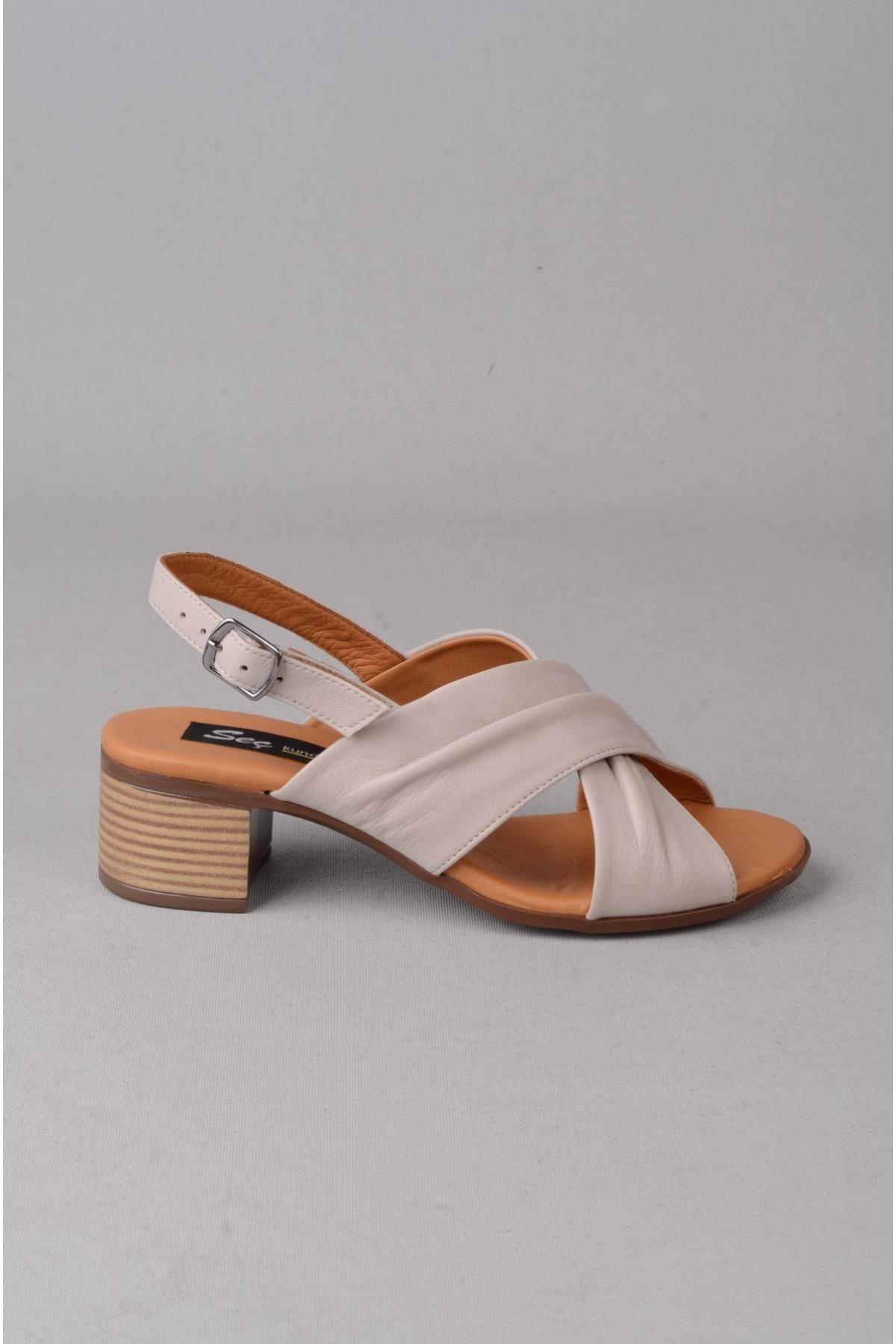 SEÇ 880452 HAKİKİ DERİ TOPUKLU SANDALET (Topuk: 5cm) TAŞ