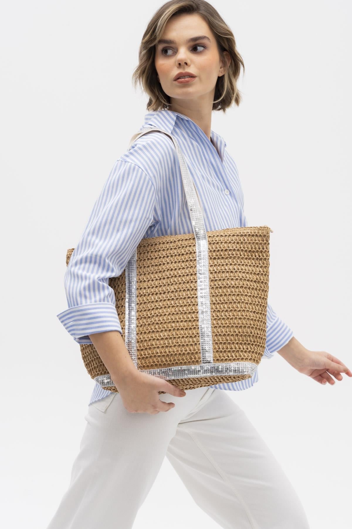 SEÇ BYN2240 SİMLİ HASIR ÇANTA CAMEL-GÜMÜŞ