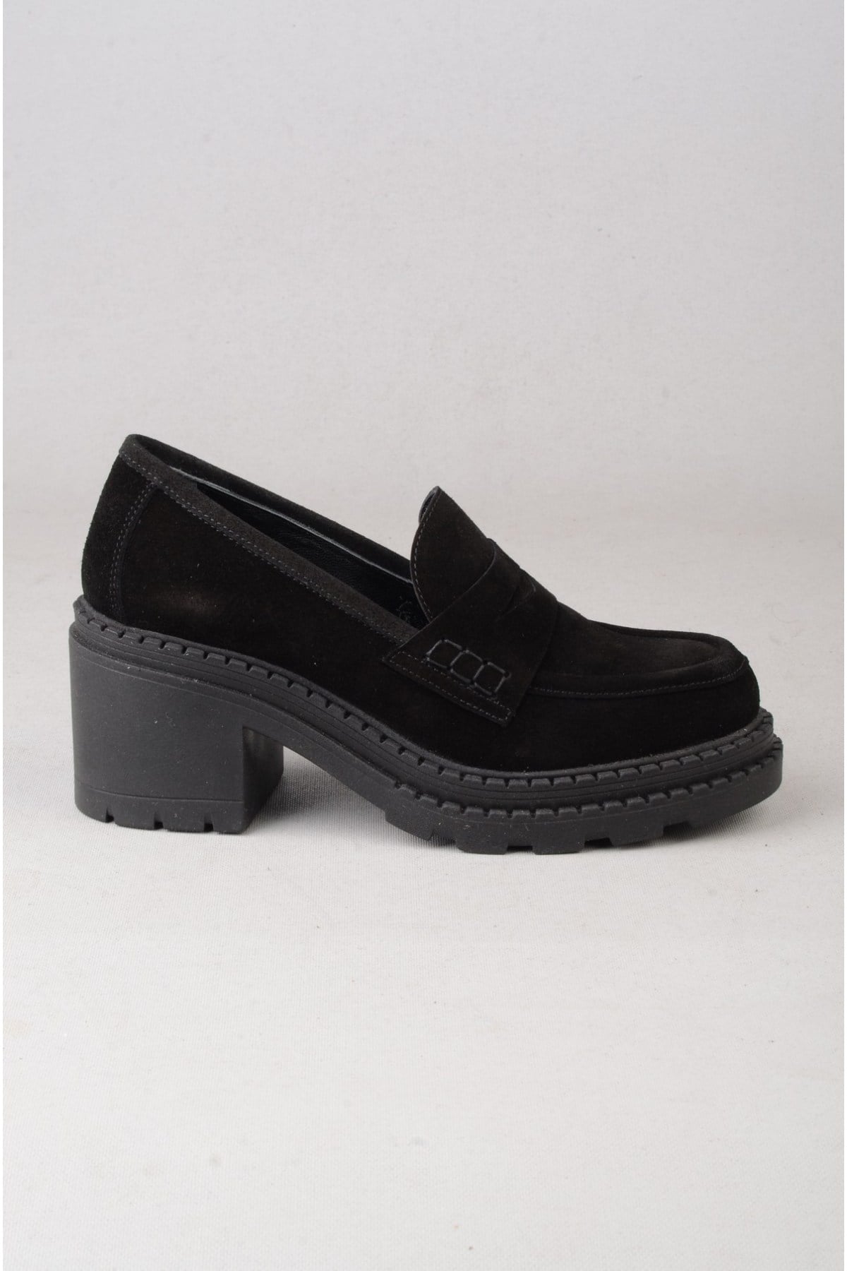 SEÇ V2752 HAKİKİ DERİ KADIN TOPUKLU LOAFER (Topuk Boyu:7 cm) SİYAH SÜET
