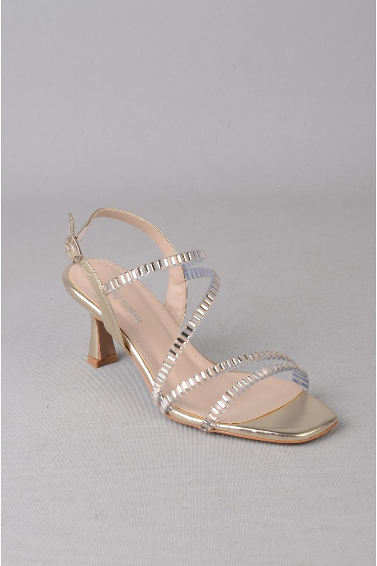 SEÇ Y126 TAŞLI TOPUKLU ABİYE AYAKKABI (Topuk : 7,5cm) ALTIN