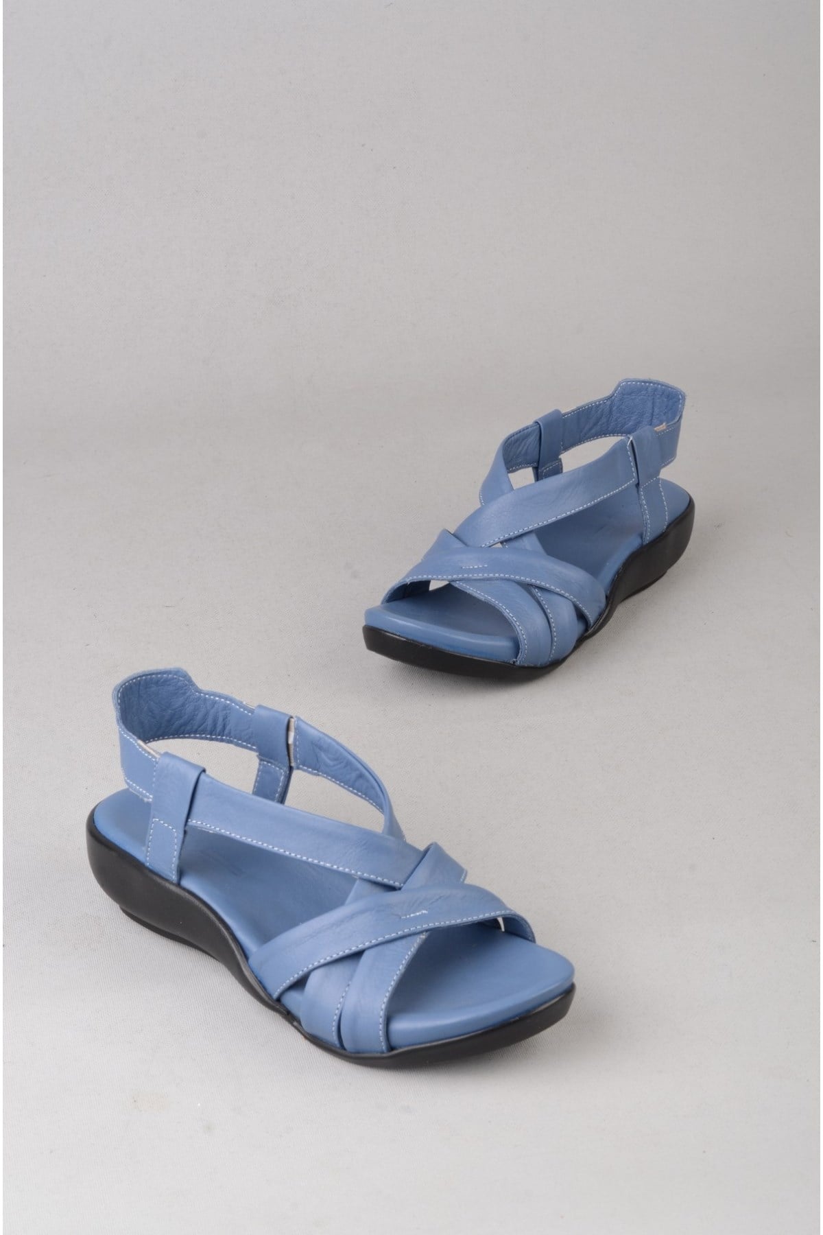 Zyn 9038 Hakiki Deri Kadin Anatomik Sandalet Mavi