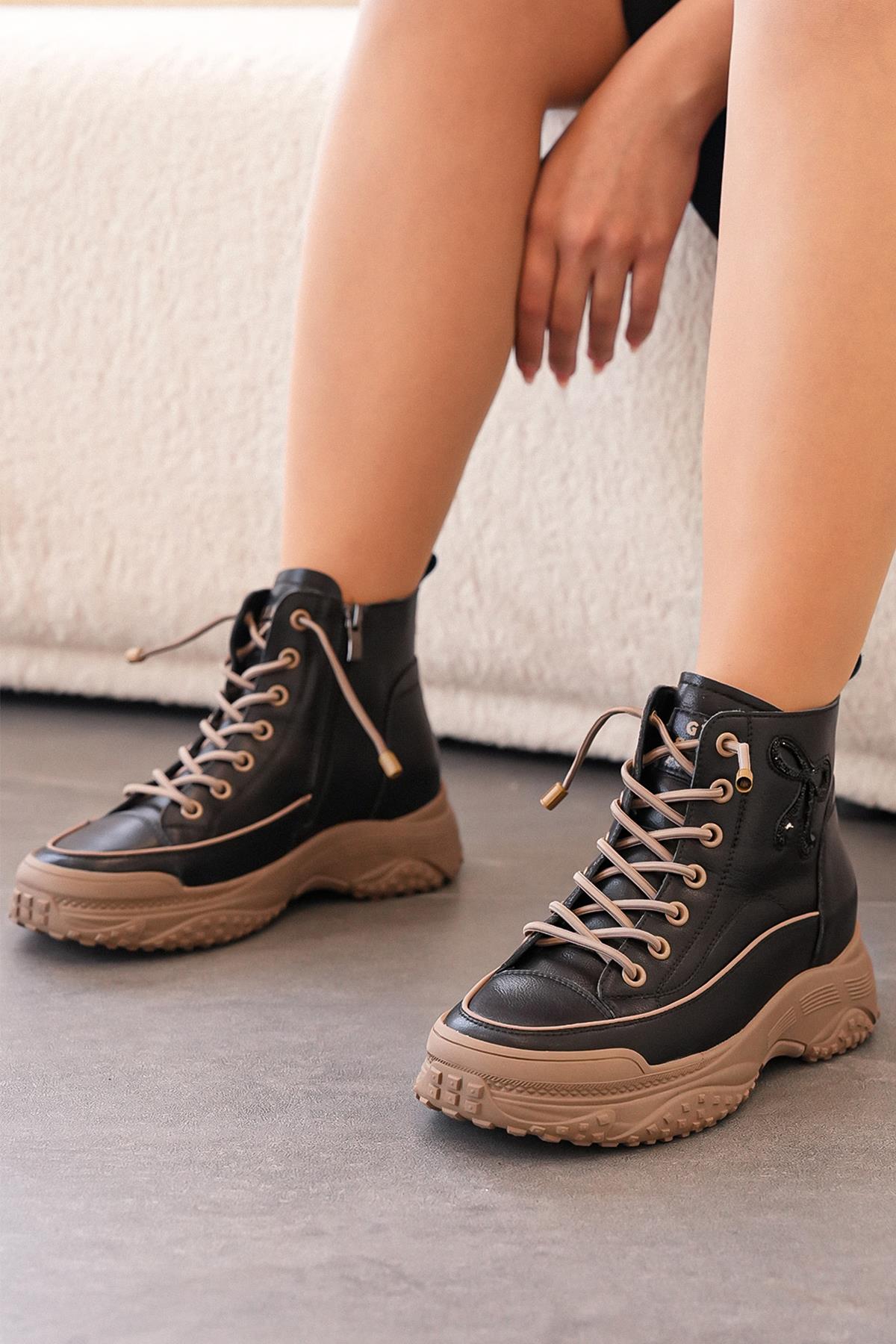 JERRY GUJA İTHAL ÖZEL SERİ YAN TAŞ DETAYLI HAKİKİ DERİ KADIN SPOR BOT KÖMÜR