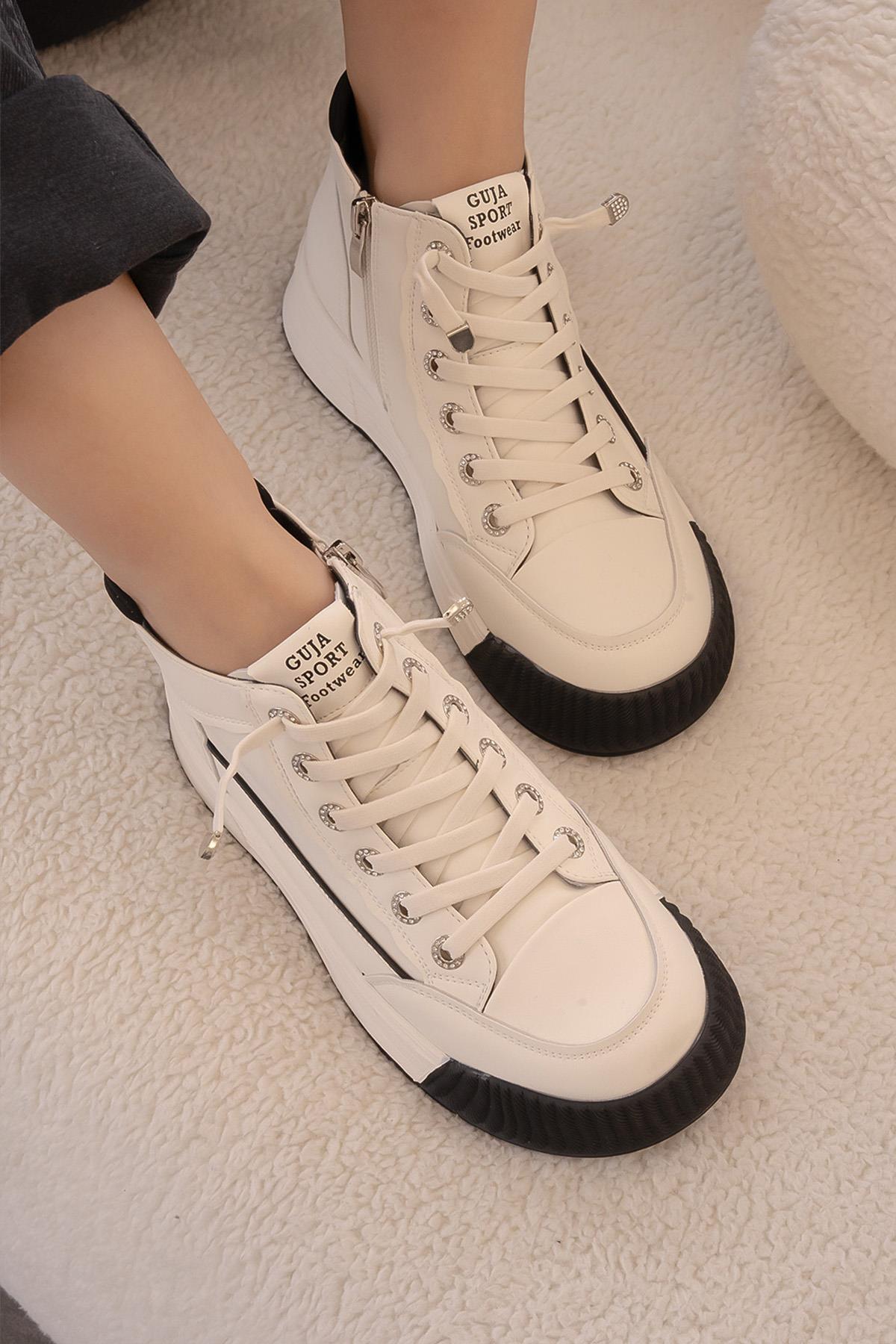 JOLENE GUJA İTHAL ÖZEL SERİ HAKİKİ DERİ KADIN SPOR BOT BEYAZ SİYAH